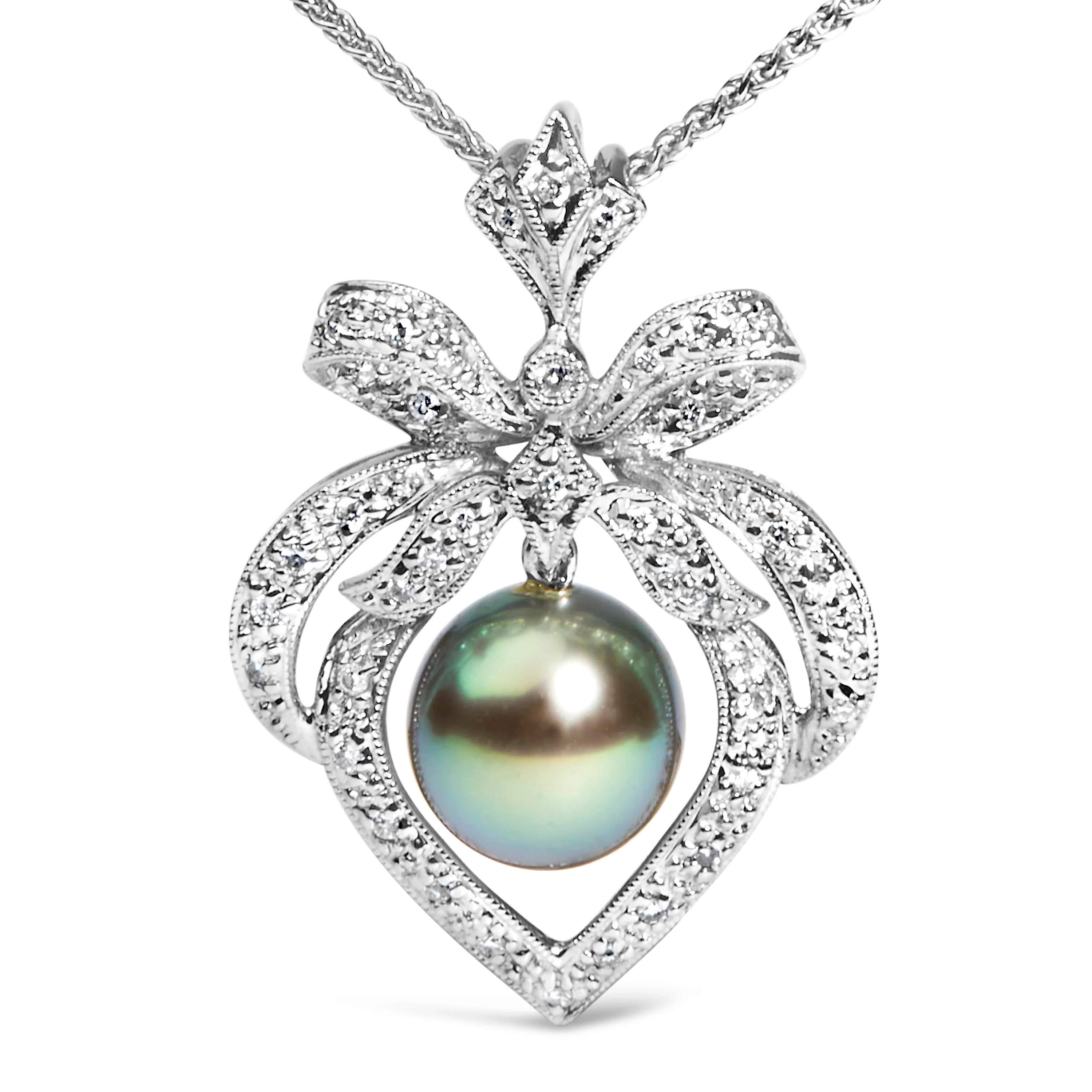18K 3/4 Cttw Diamond and 12.5 MM Cultured Black Tahitian Pearl Heart Pendant Necklace (G-H Color, SI1-SI2 Clarity) - 18" Inches - Image 2