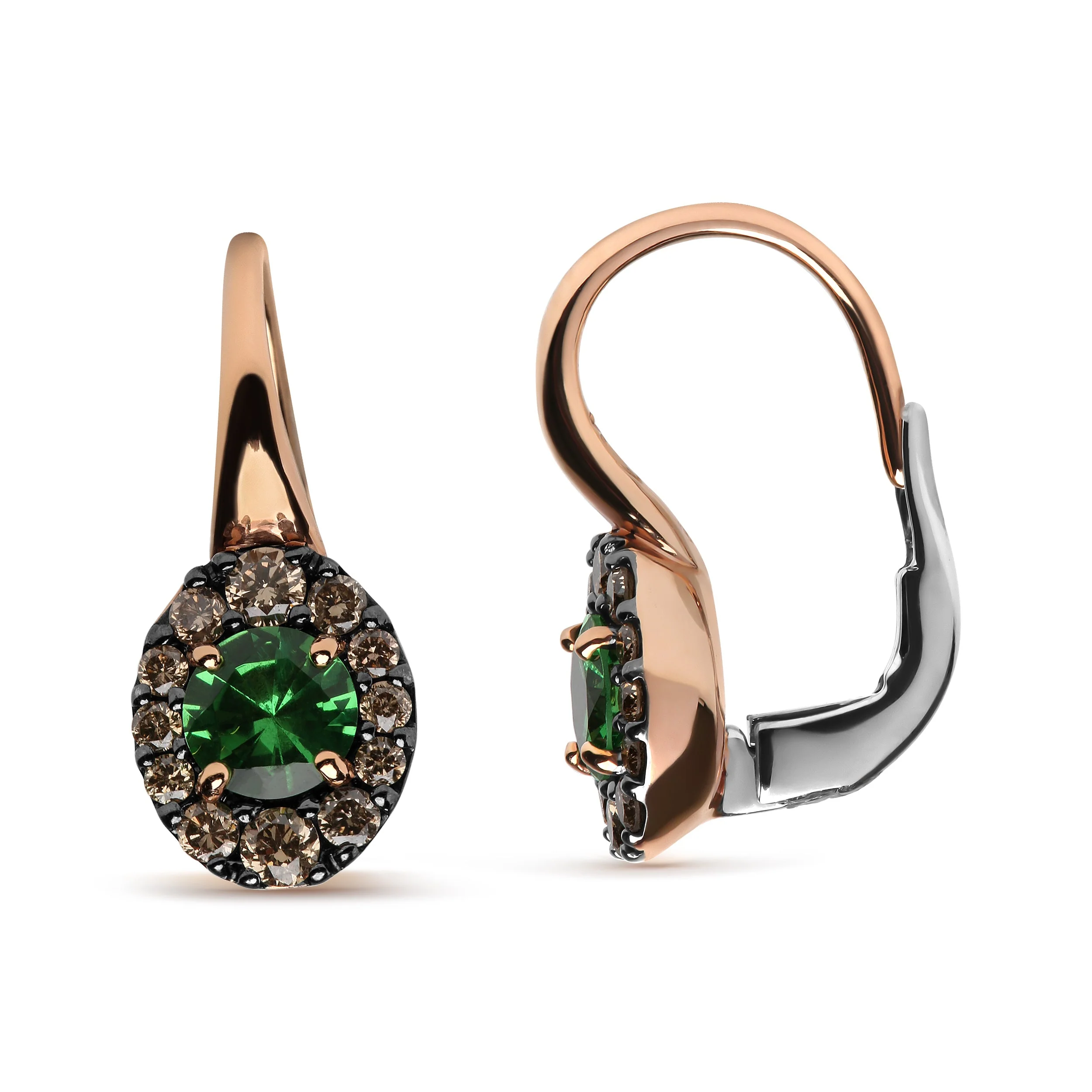 18K Rose and White Gold 3/8 Cttw Round Brown Diamonds and Round Green Tsavorite Gemstone Halo Drop Hoop Earrings (Brown Color, SI1-SI2 Clarity) - Image 3