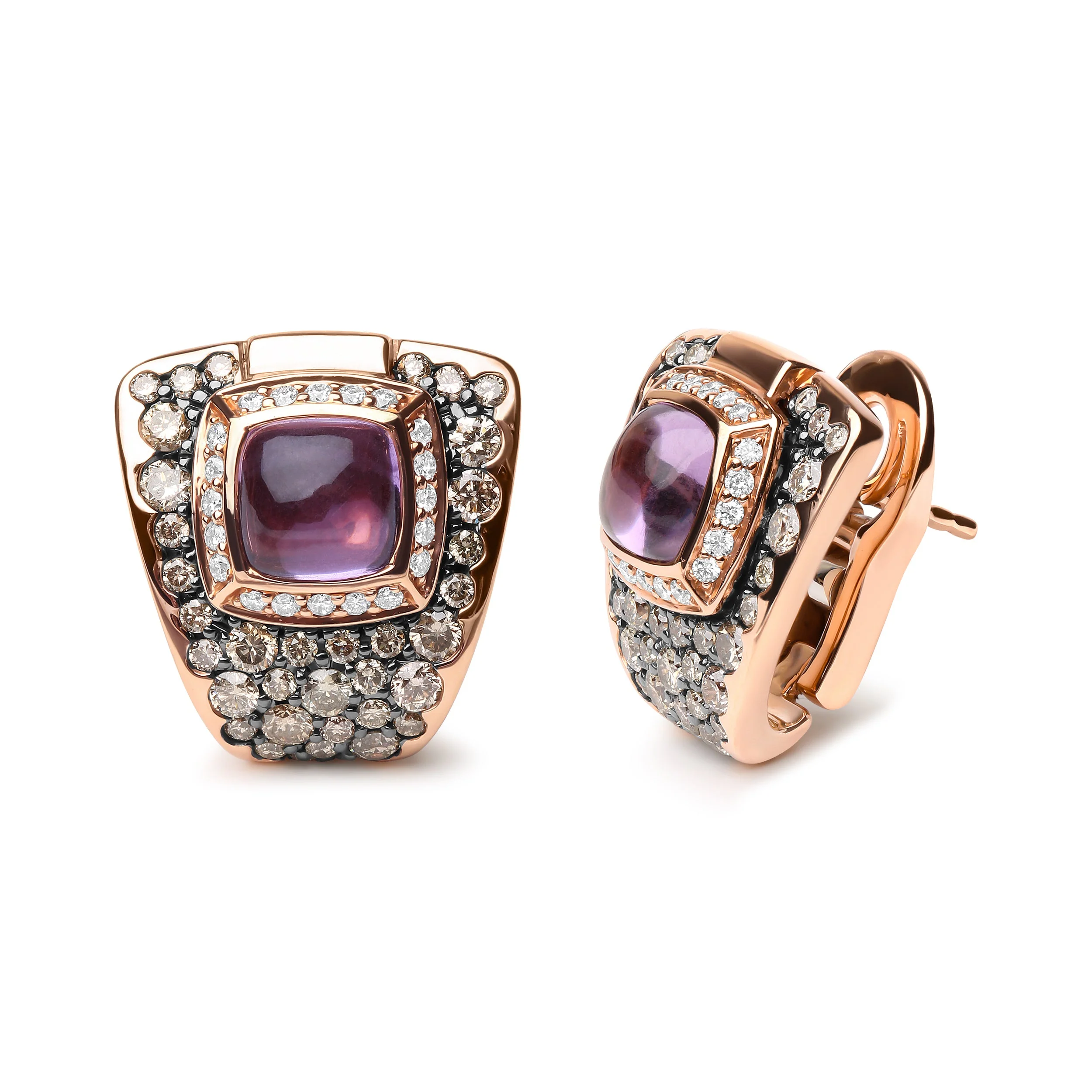 18K Rose Gold 1 1/2 Cttw Round Diamond and 7mm Cushion Cut Purple Amethyst Gemstone Geometrical Statement Stud Earrings (Brown and G-H Color, SI1-SI2 Clarity) - Image 2