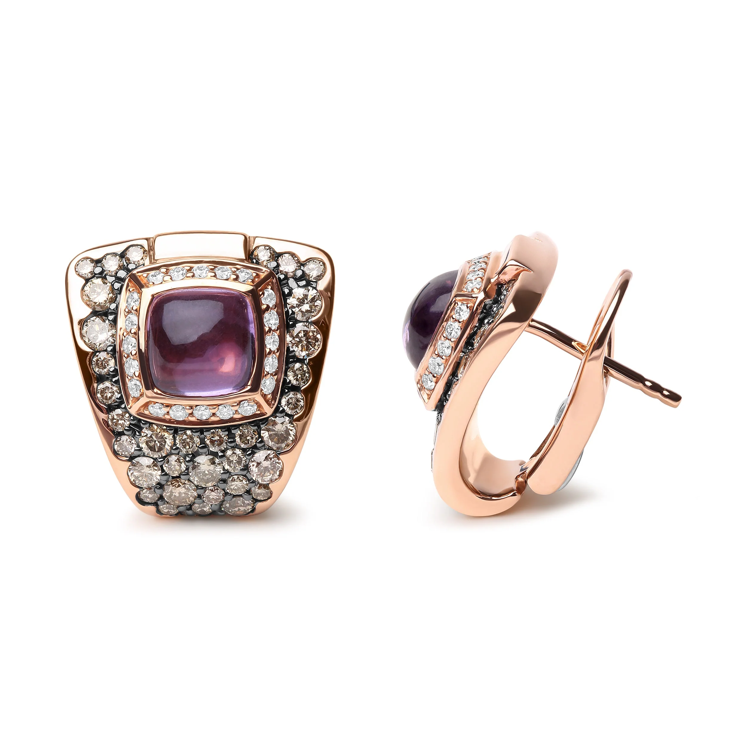 18K Rose Gold 1 1/2 Cttw Round Diamond and 7mm Cushion Cut Purple Amethyst Gemstone Geometrical Statement Stud Earrings (Brown and G-H Color, SI1-SI2 Clarity) - Image 3