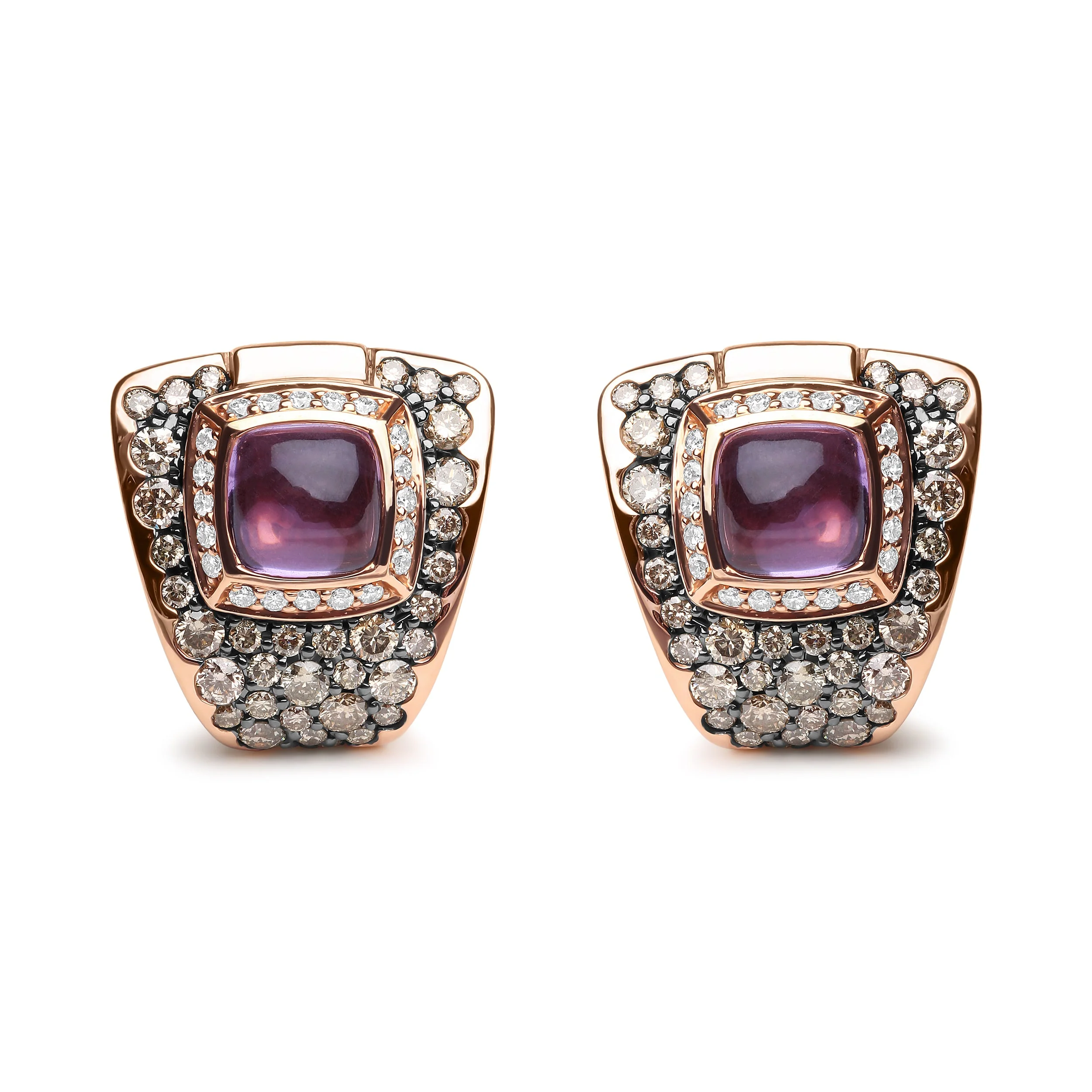 18K Rose Gold 1 1/2 Cttw Round Diamond and 7mm Cushion Cut Purple Amethyst Gemstone Geometrical Statement Stud Earrings (Brown and G-H Color, SI1-SI2 Clarity) - Image 4