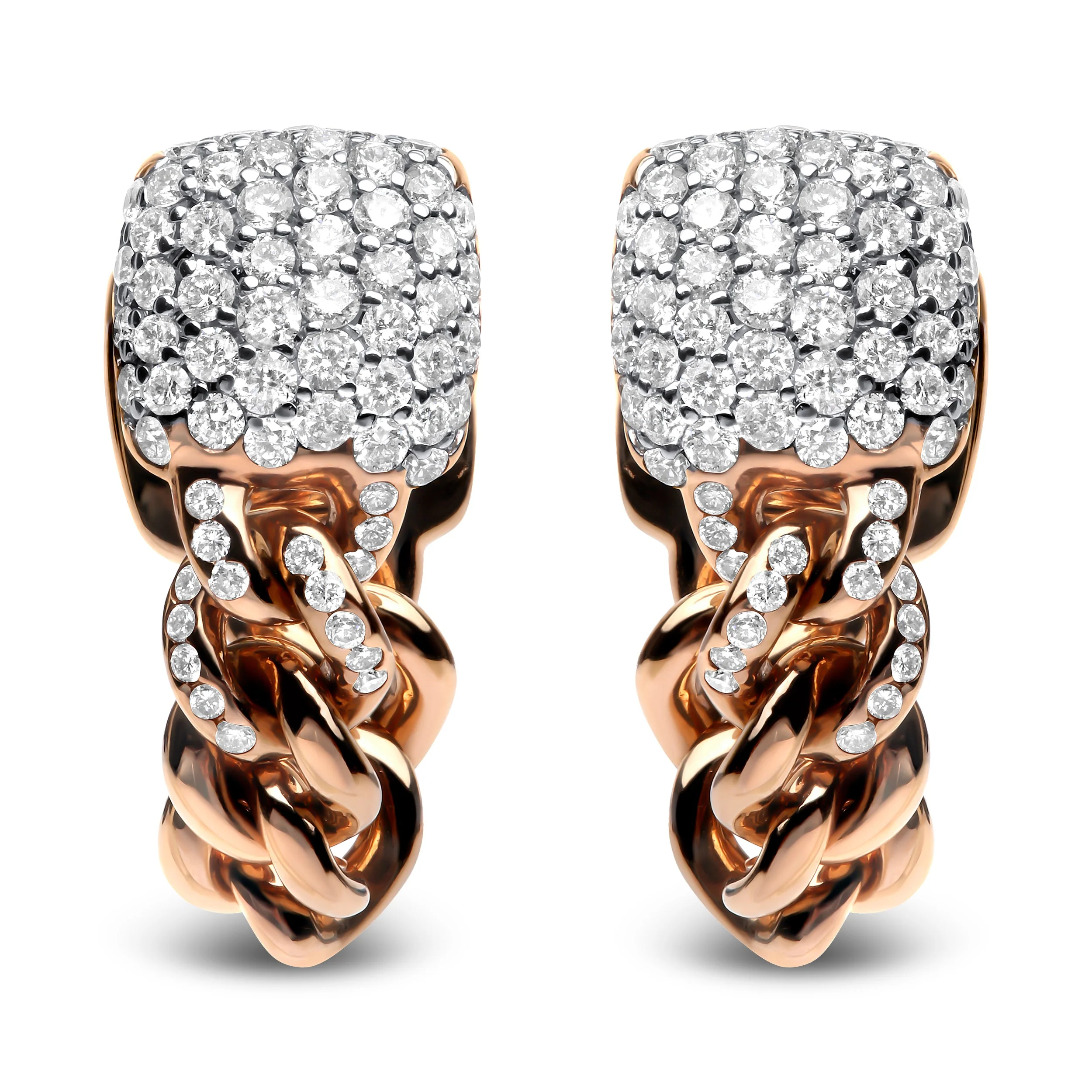 18K Rose Gold 3/4 Cttw Round Diamond Pave Cuban Chain Huggie Earrings (G-H Color, SI1-SI2 Clarity) - Image 2