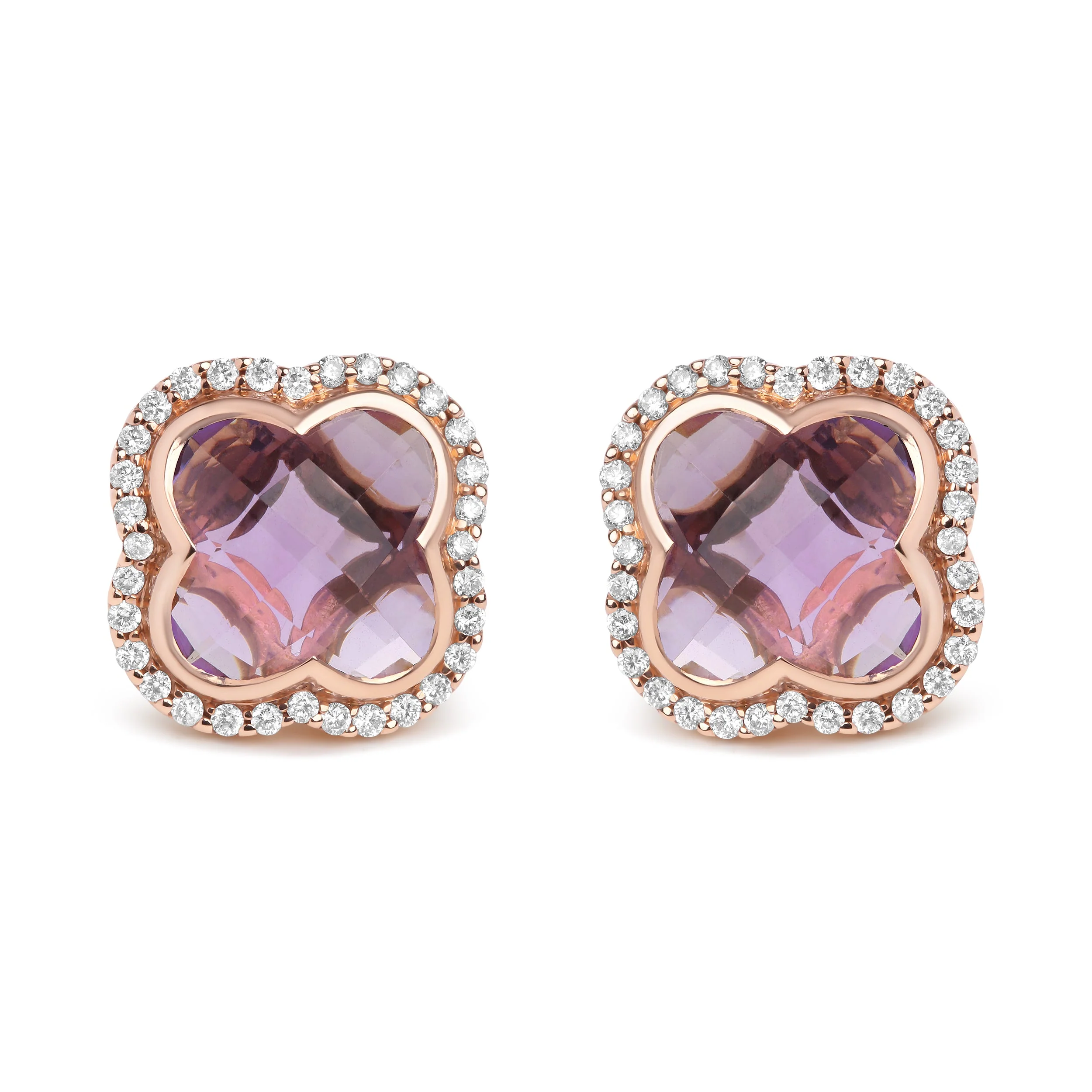 18K Rose Gold 3/8 Cttw Diamond and 11x11mm Clover-Cut Purple Amethyst Gemstone Clover Halo Stud Earrings (G-H Color, SI1-SI2 Clarity) - Image 4