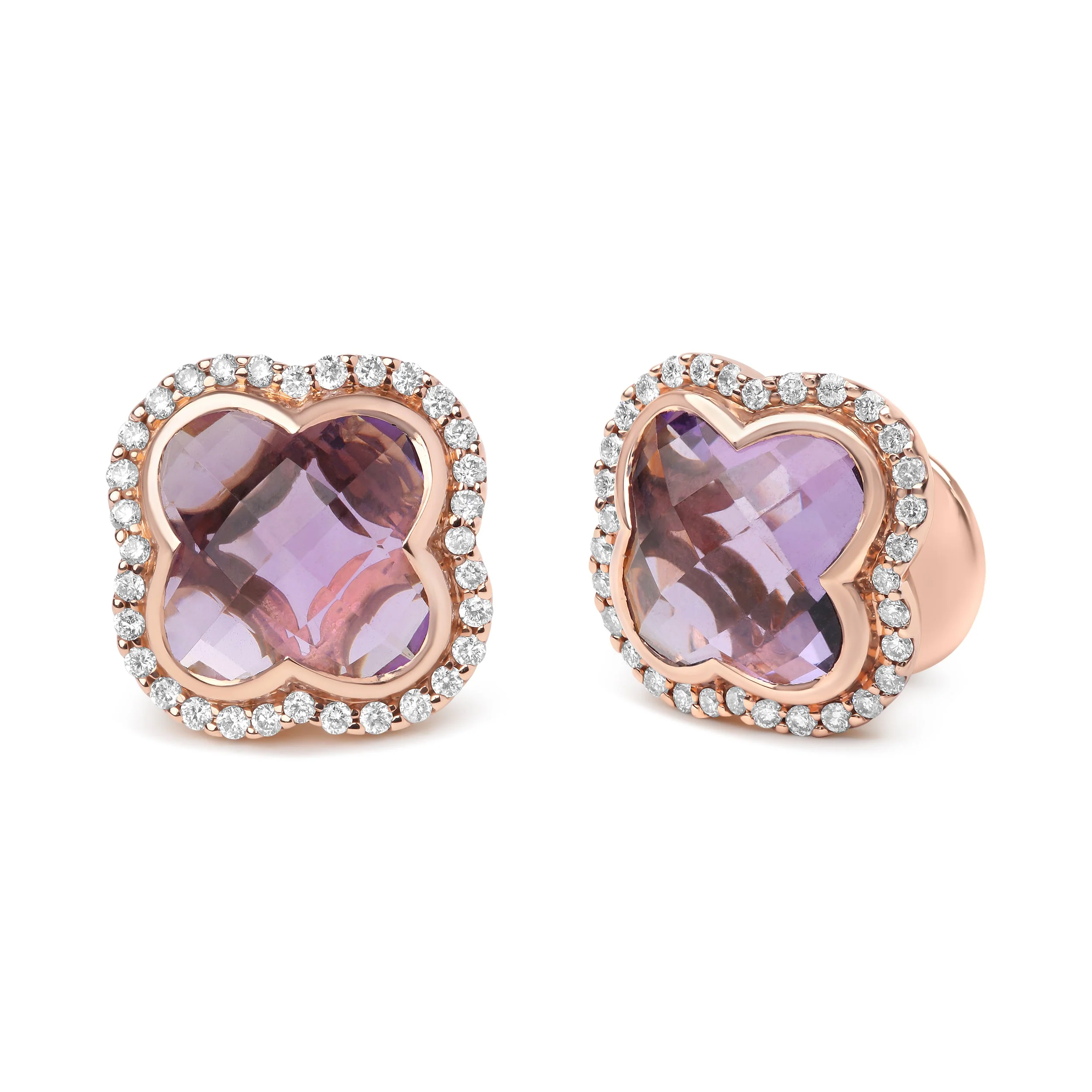 18K Rose Gold 3/8 Cttw Diamond and 11x11mm Clover-Cut Purple Amethyst Gemstone Clover Halo Stud Earrings (G-H Color, SI1-SI2 Clarity) - Image 5