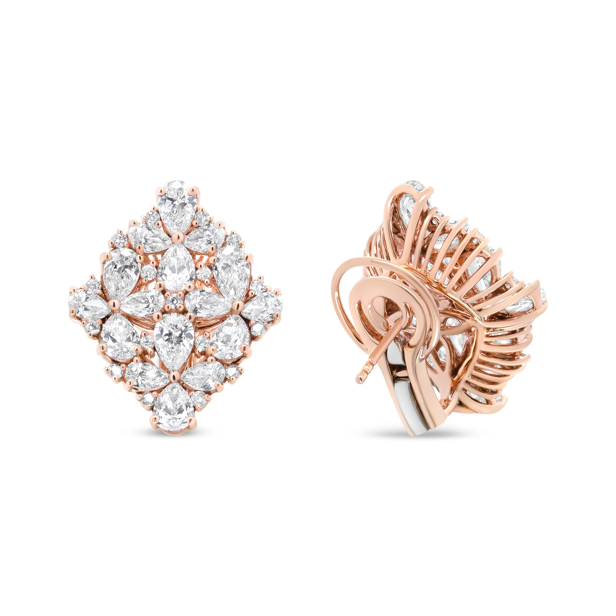 18K Rose Gold 8 1/3 Cttw Pear and Round Diamond Floral Cluster Omega Earrings (F-G Color, VS1-VS2 Clarity) - Image 10
