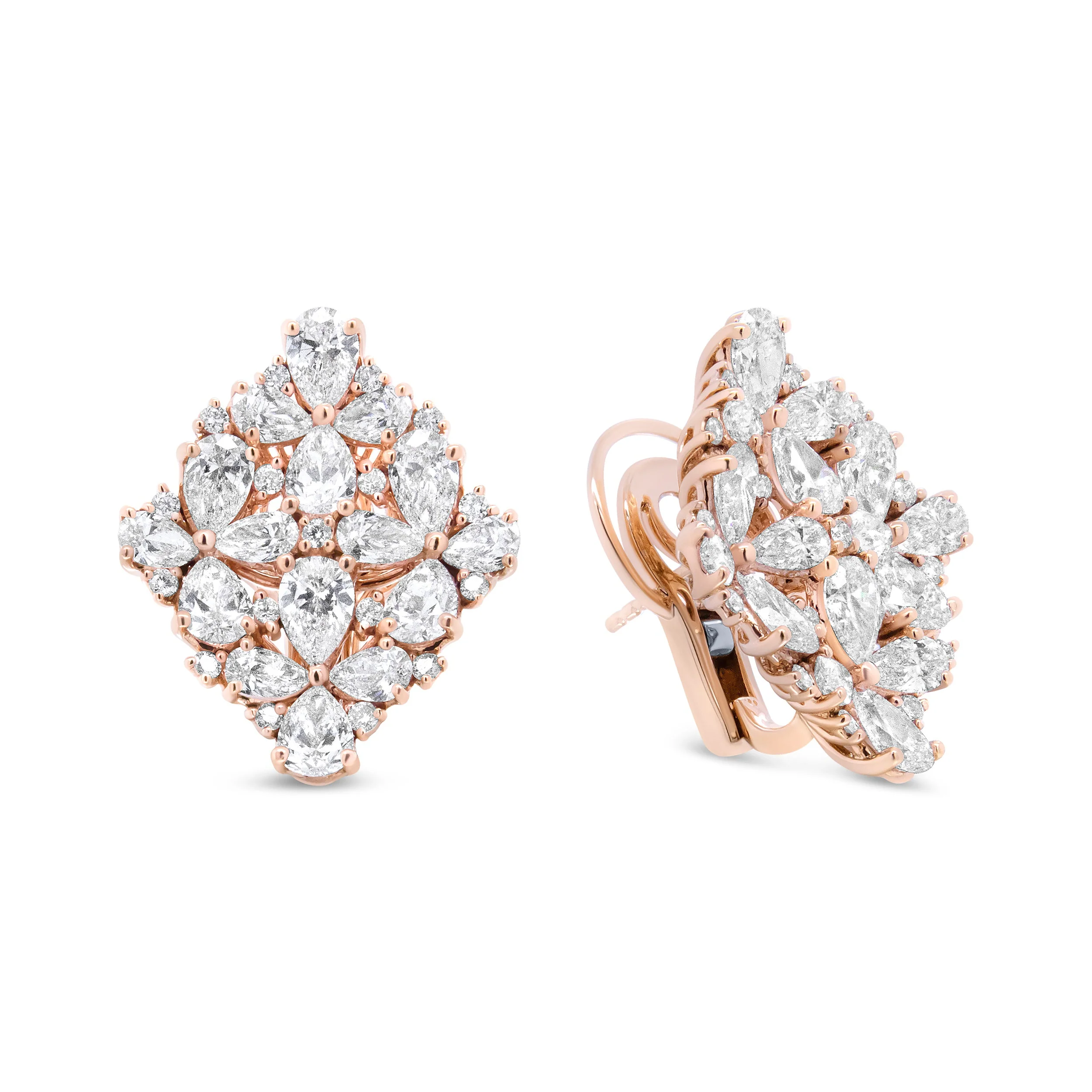 18K Rose Gold 8 1/3 Cttw Pear and Round Diamond Floral Cluster Omega Earrings (F-G Color, VS1-VS2 Clarity) - Image 3