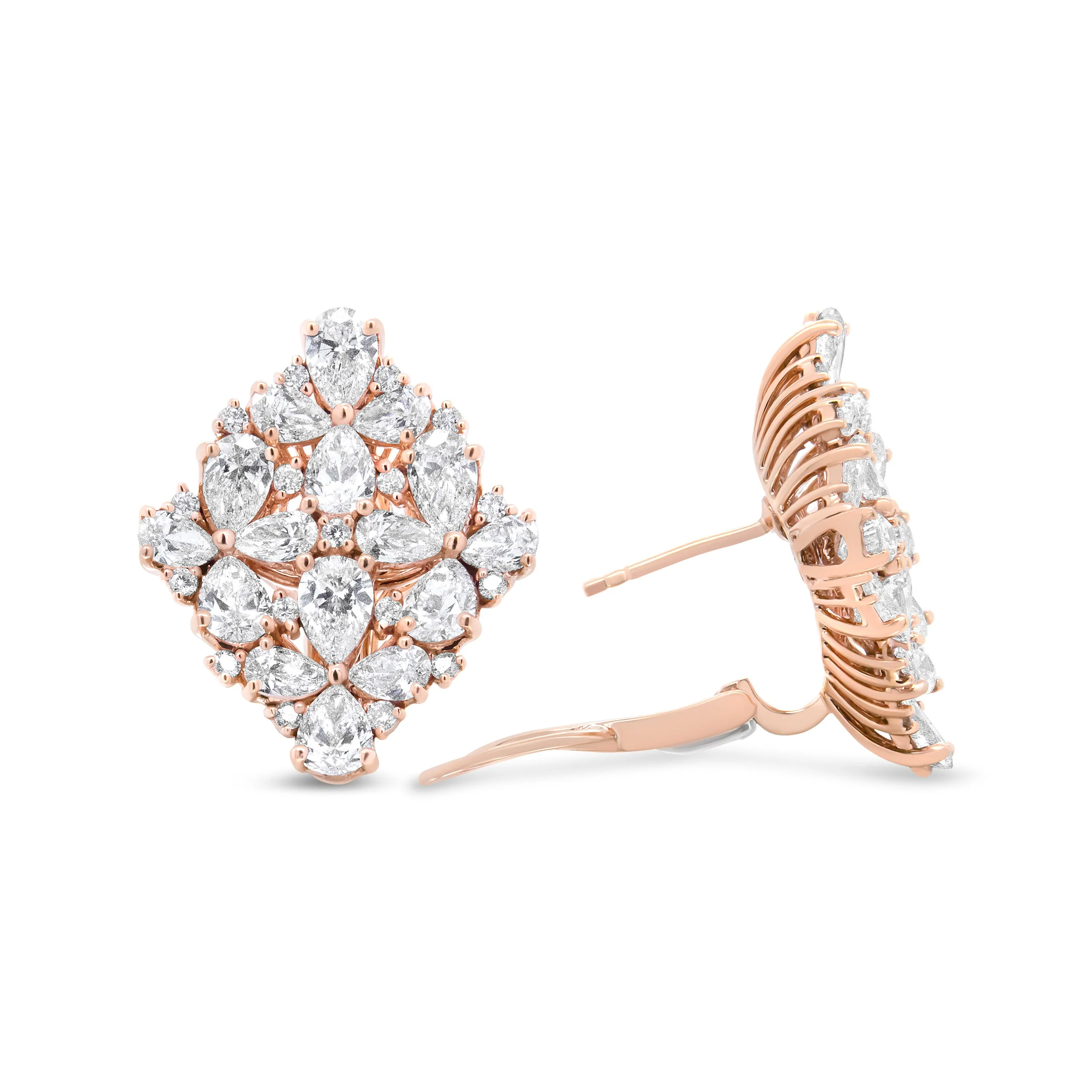 18K Rose Gold 8 1/3 Cttw Pear and Round Diamond Floral Cluster Omega Earrings (F-G Color, VS1-VS2 Clarity) - Image 4