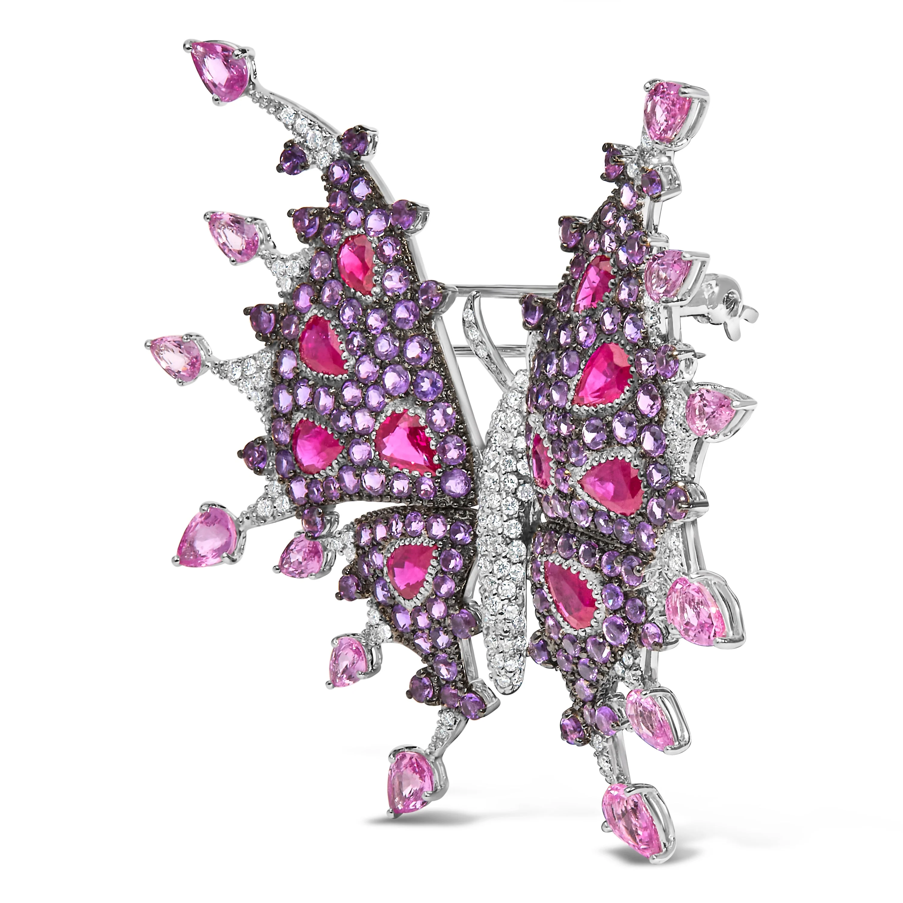 18K White Gold 1.00 Cttw Diamond, Ruby Sapphire, and Amethyst Mixed Gemstone Butterfly Brooch Pin (G-H Color, VS1-VS2 Clarity) - Image 2