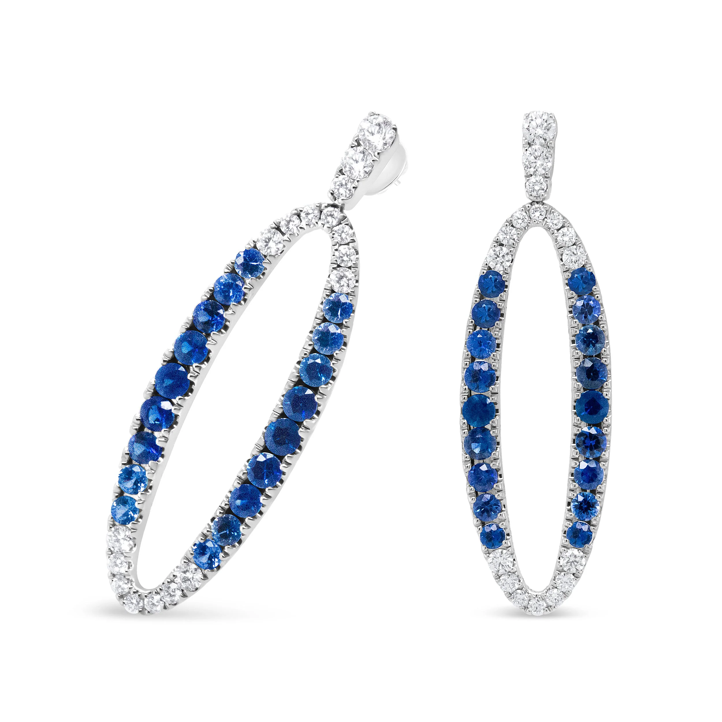 18K White Gold 1.11 Cttw Blue Round Diamond and Blue Sapphire Openwork Oval Shaped Dangle Earrings (F-G Color, VS1-VS2 Clarity) - Image 4