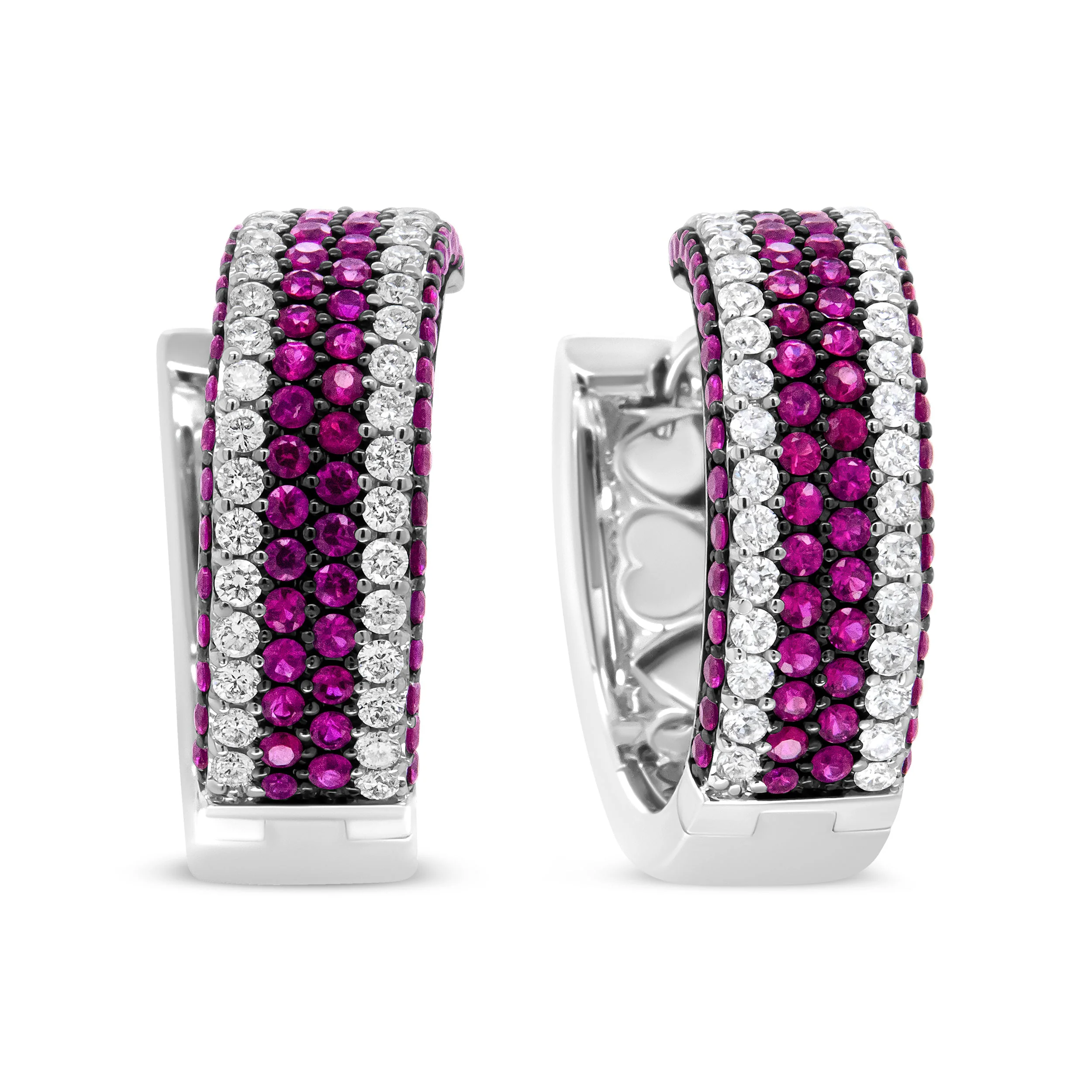 18K White Gold 1 7/8 Cttw Diamond and 1mm Round Red Ruby Open Swish Hoop Earrings (F-G Color, VS1-VS2 Clarity) - Image 2