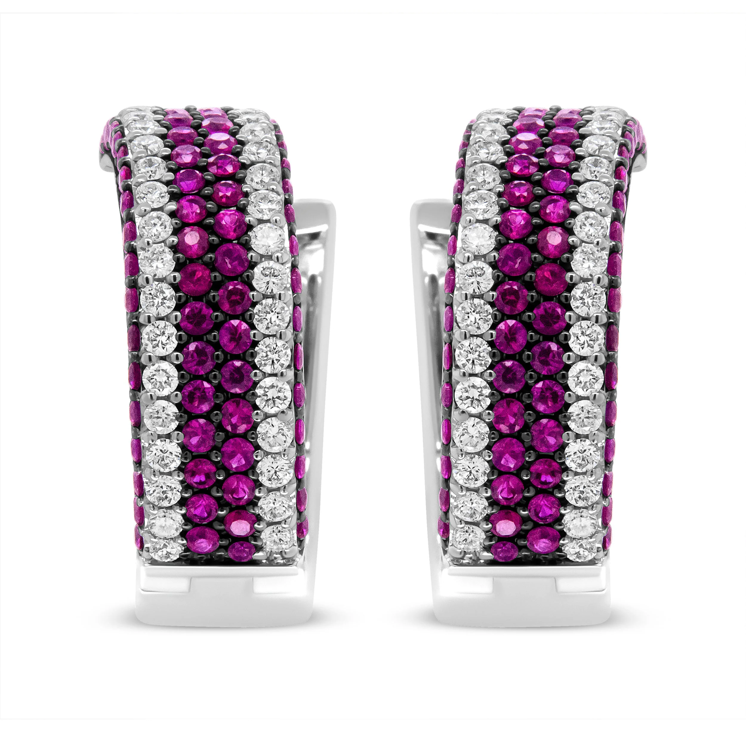 18K White Gold 1 7/8 Cttw Diamond and 1mm Round Red Ruby Open Swish Hoop Earrings (F-G Color, VS1-VS2 Clarity) - Image 3