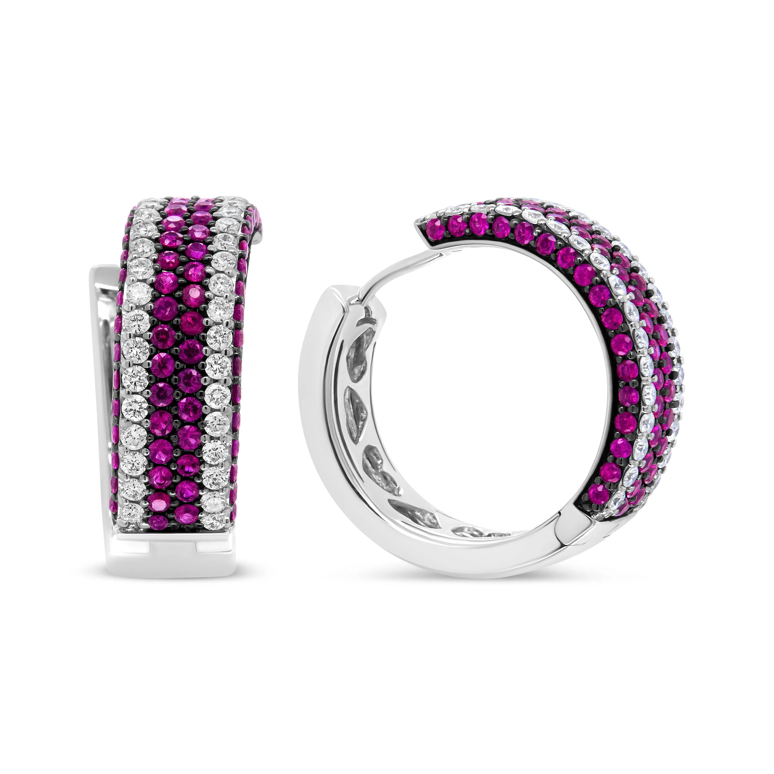 18K White Gold 1 7/8 Cttw Diamond and 1mm Round Red Ruby Open Swish Hoop Earrings (F-G Color, VS1-VS2 Clarity) - Image 4