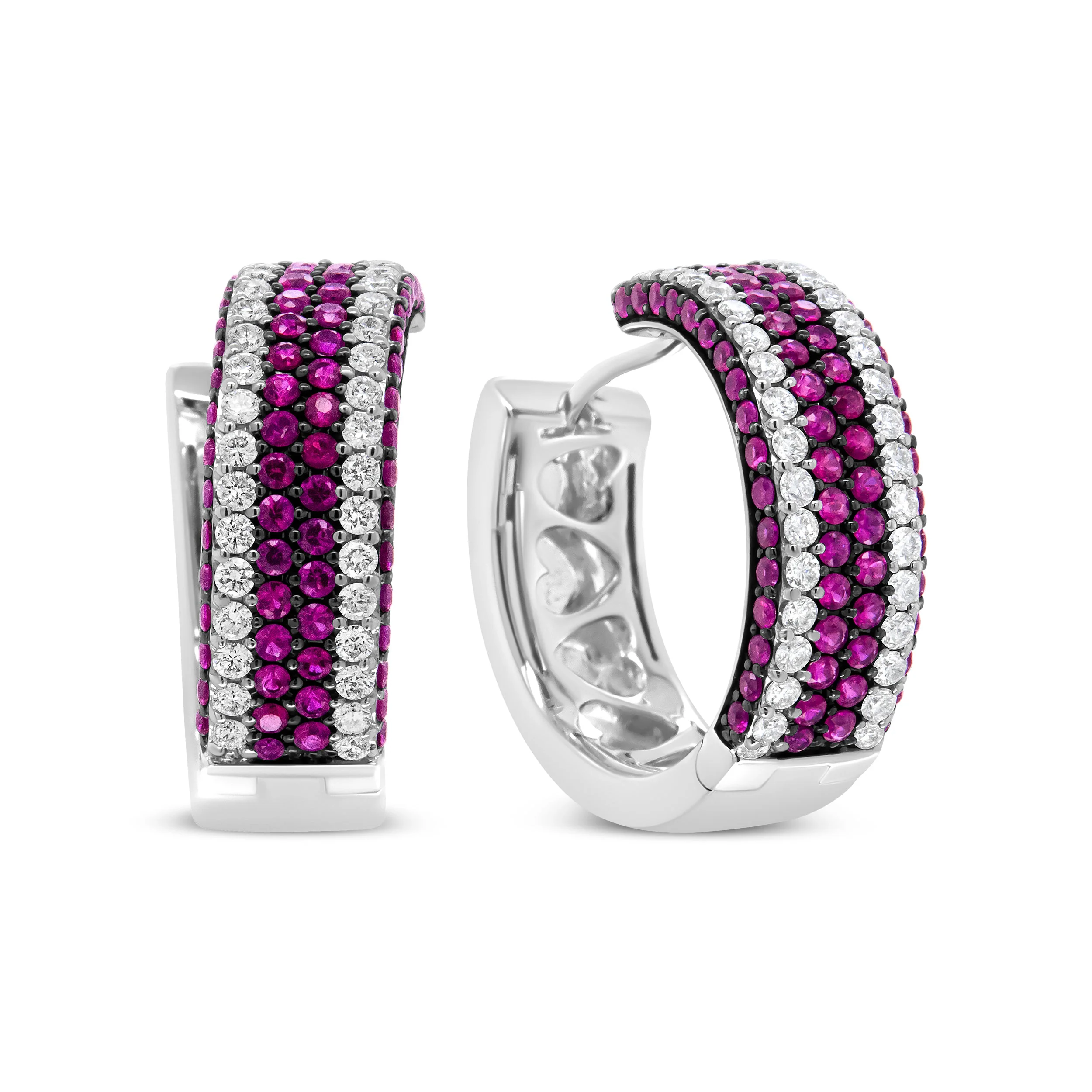 18K White Gold 1 7/8 Cttw Diamond and 1mm Round Red Ruby Open Swish Hoop Earrings (F-G Color, VS1-VS2 Clarity) - Image 7