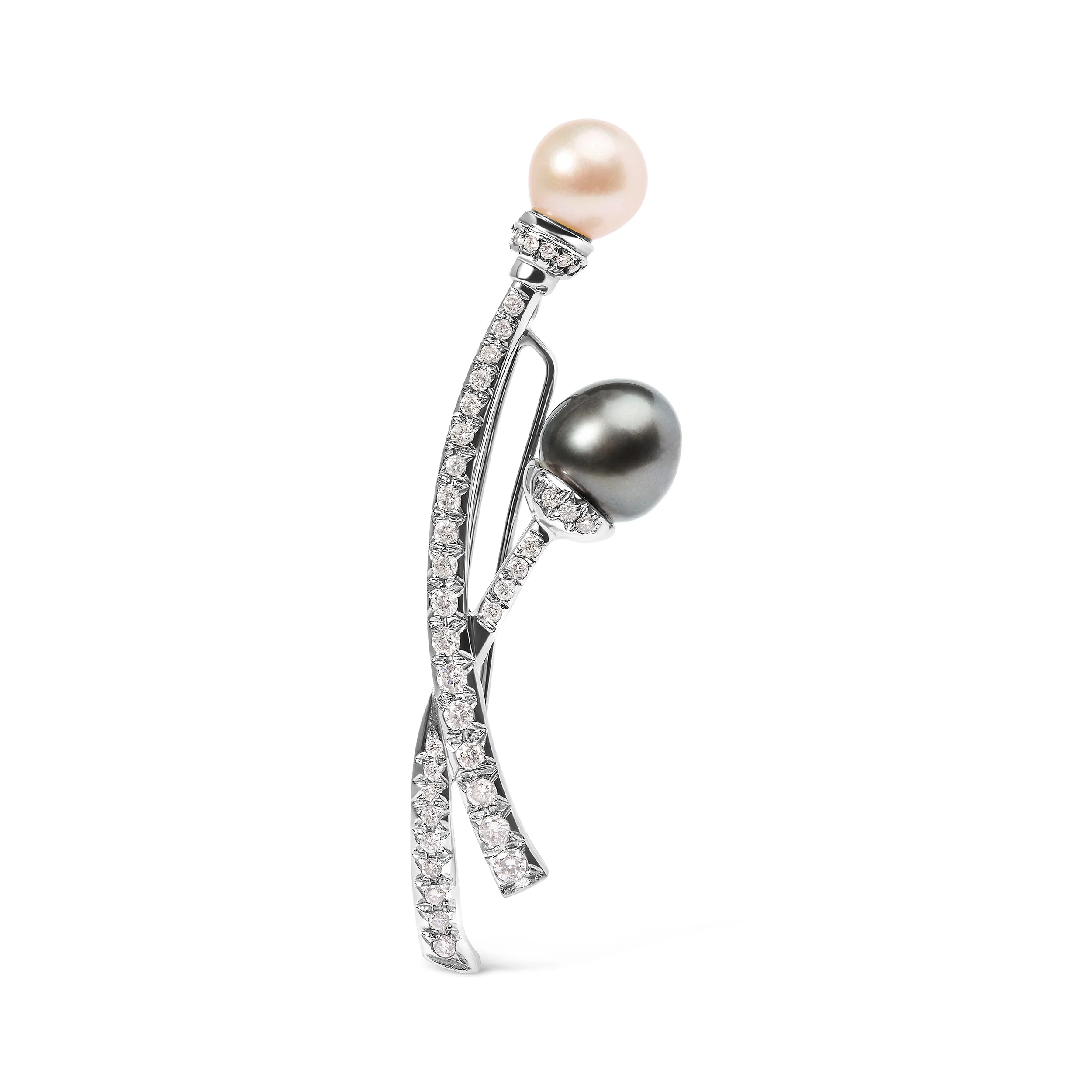 18K White Gold 3/5 Cttw Diamond and Cultured South Sea Black and White Pearl Brooch Pin (H-I Color, VS1-VS2 Clarity) - Image 4