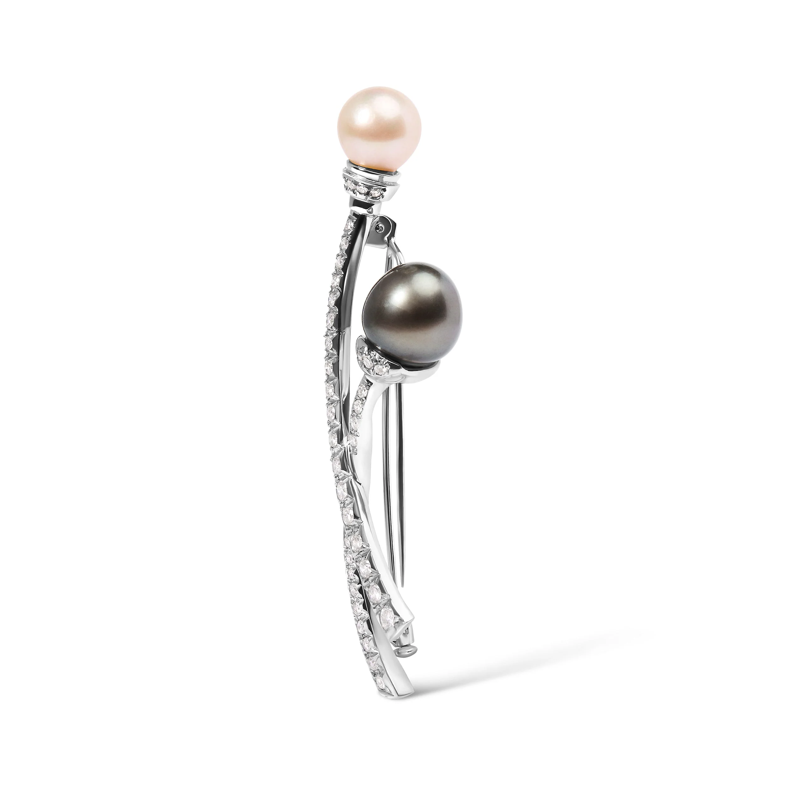 18K White Gold 3/5 Cttw Diamond and Cultured South Sea Black and White Pearl Brooch Pin (H-I Color, VS1-VS2 Clarity) - Image 5