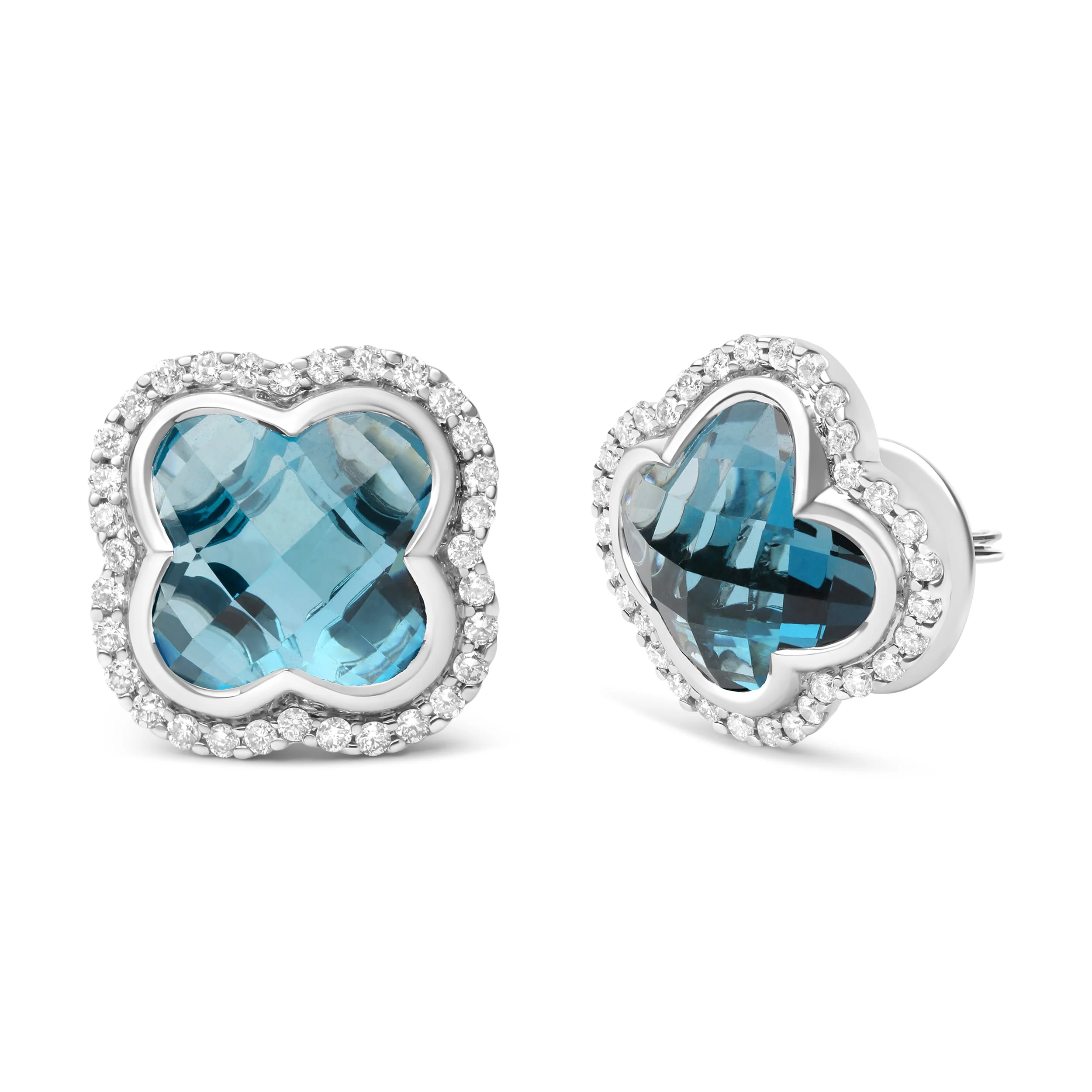 18K White Gold 3/8 Cttw Diamond and 11x11mm Clover-Cut London Blue Topaz Gemstone Halo Clover Stud Earrings (G-H Color, SI1-SI2 Clarity) - Image 5