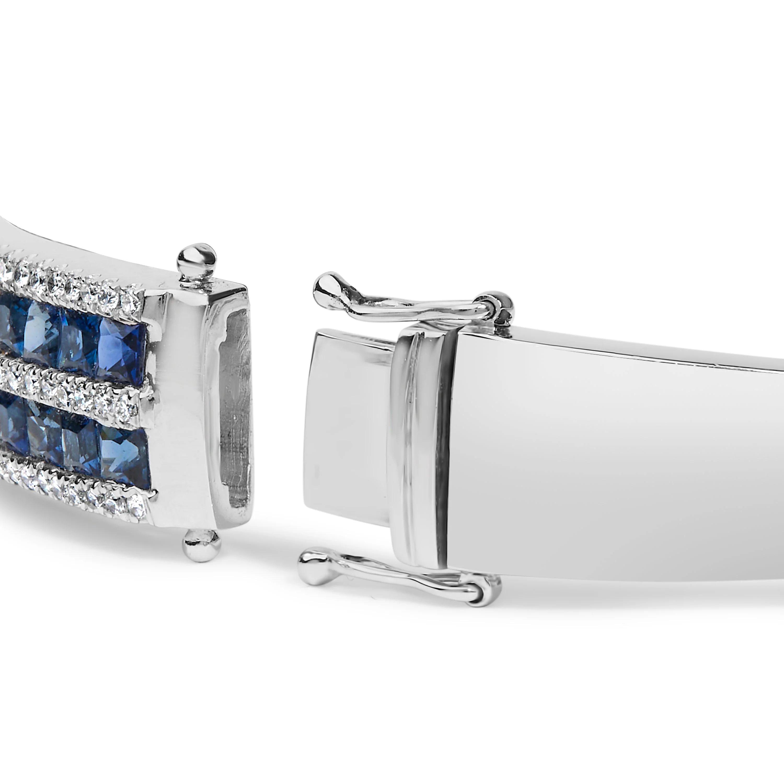 18K White Gold Alternating Diamond and 8.00 Cttw Princess Cut Blue Sapphire Multi Row Bangle Bracelet (G-H Color, VS1-VS2 Clarity) - 7" Inches - Image 2