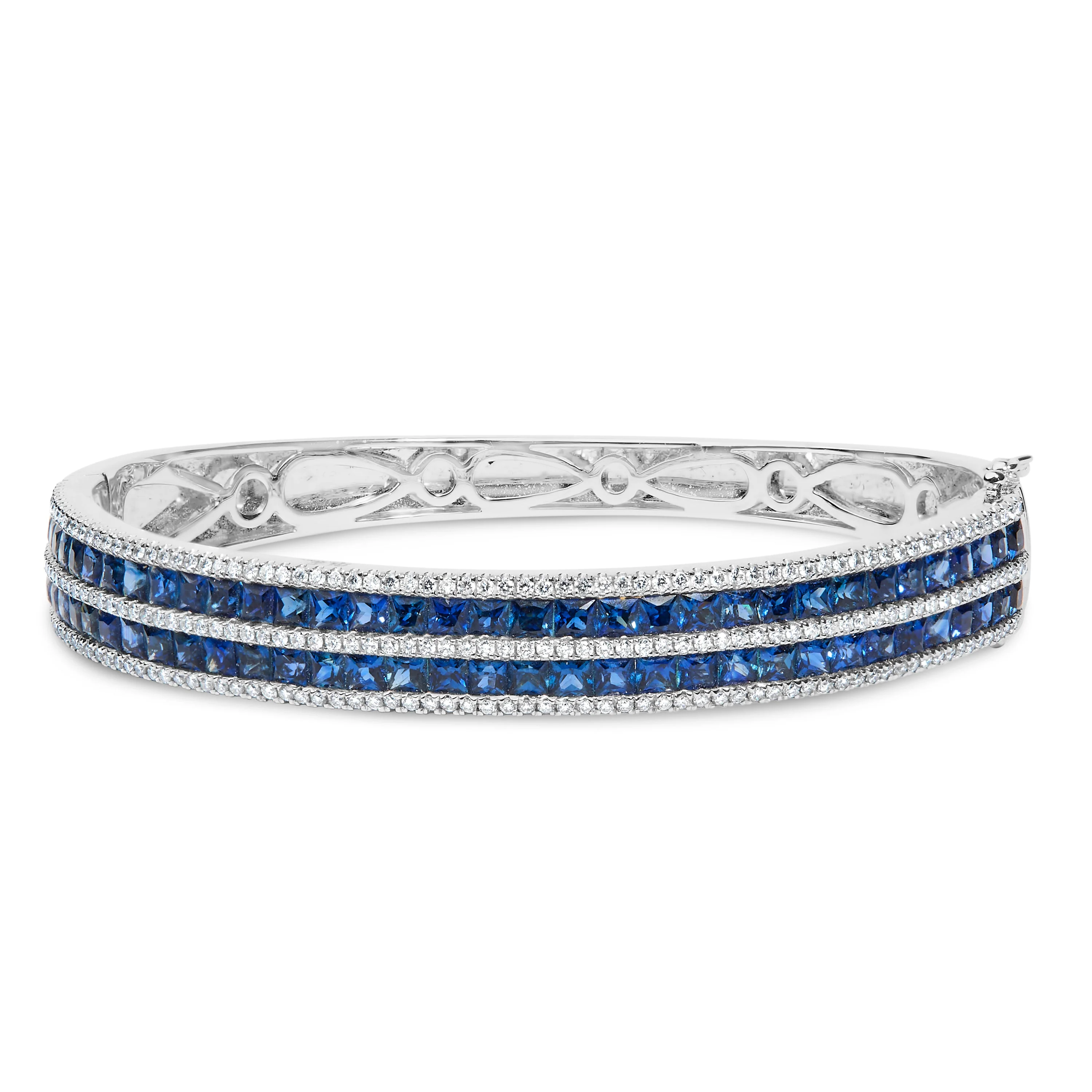 18K White Gold Alternating Diamond and 8.00 Cttw Princess Cut Blue Sapphire Multi Row Bangle Bracelet (G-H Color, VS1-VS2 Clarity) - 7" Inches - Image 4