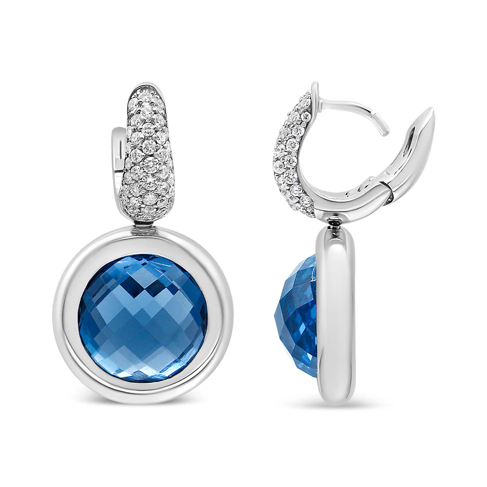 18K White Gold Bezel Set 11mm Blue Topaz and 1/2 Cttw Invisible Set Diamond Bale Dangle Earrings (F-G Color, VS1-VS2 Clarity) - Image 6