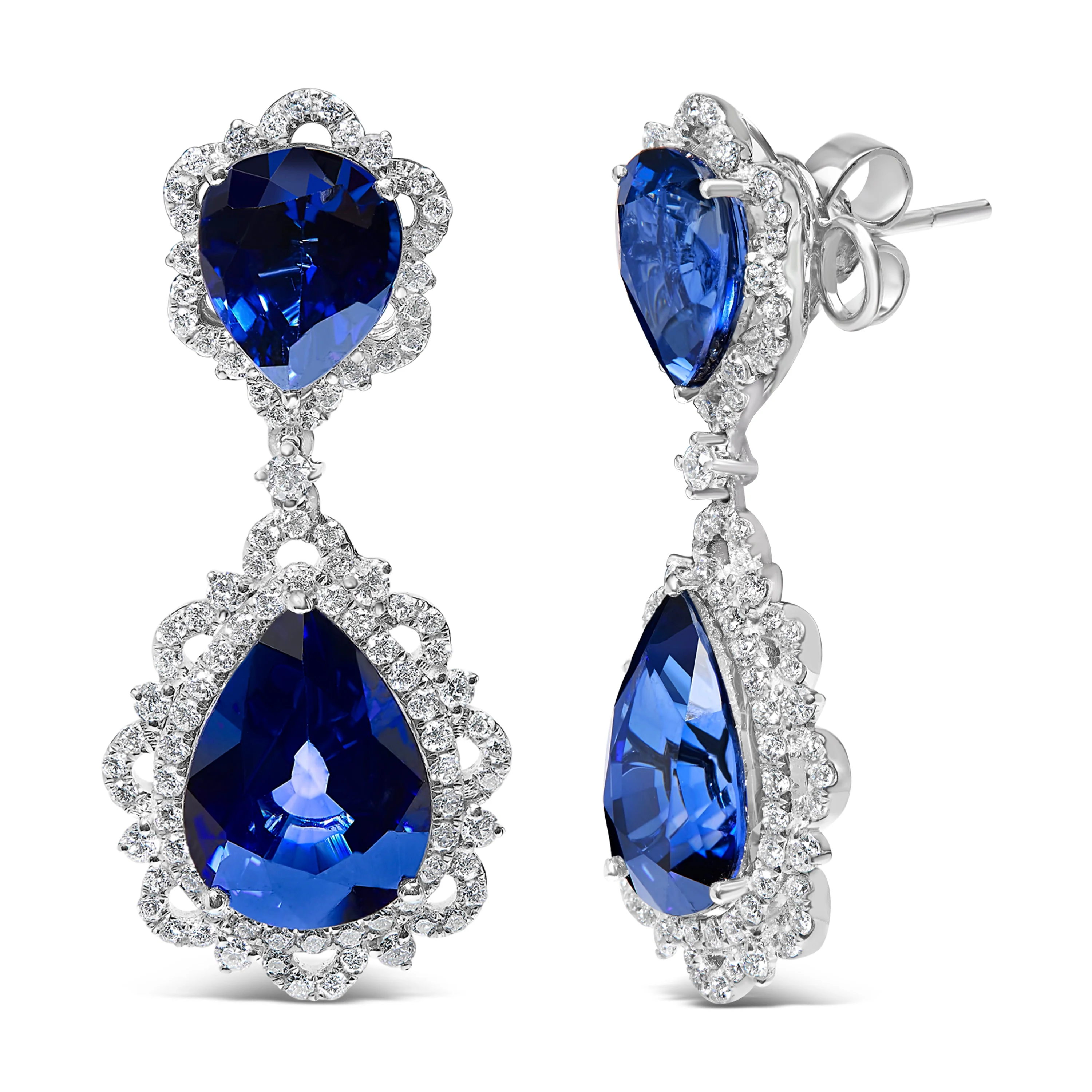 18K White Gold Blue Sapphire and Diamond 2.00 Cttw Diamond Halo Drop and Dangle Earring (G-H Color, SI1-SI2 Clarity) - Image 5