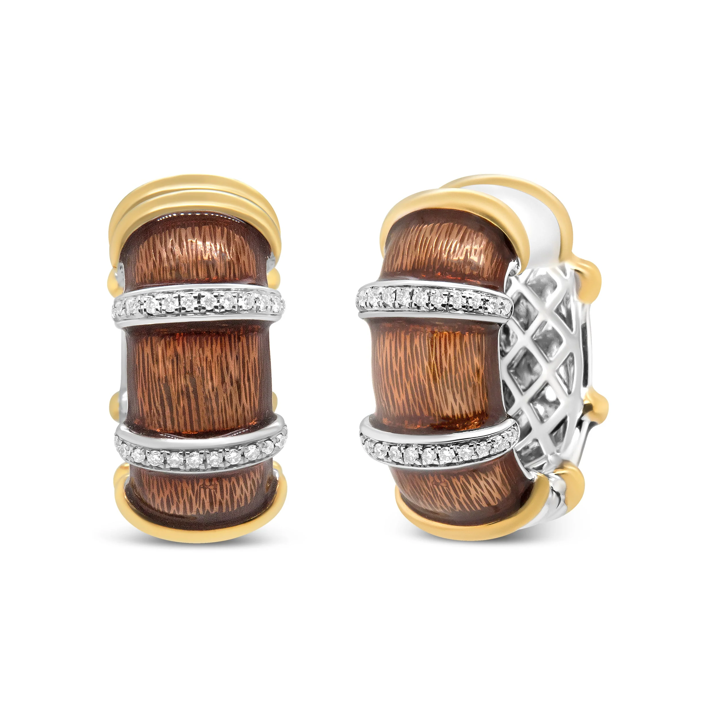 18K Yellow and White Gold Flash Plated .925 Sterling Silver Clear Brown Enamel 9/10 Cttw Round Diamonds Huggie Hoop Earrings (F-G Color, VS1-VS2 Clarity) - Image 6