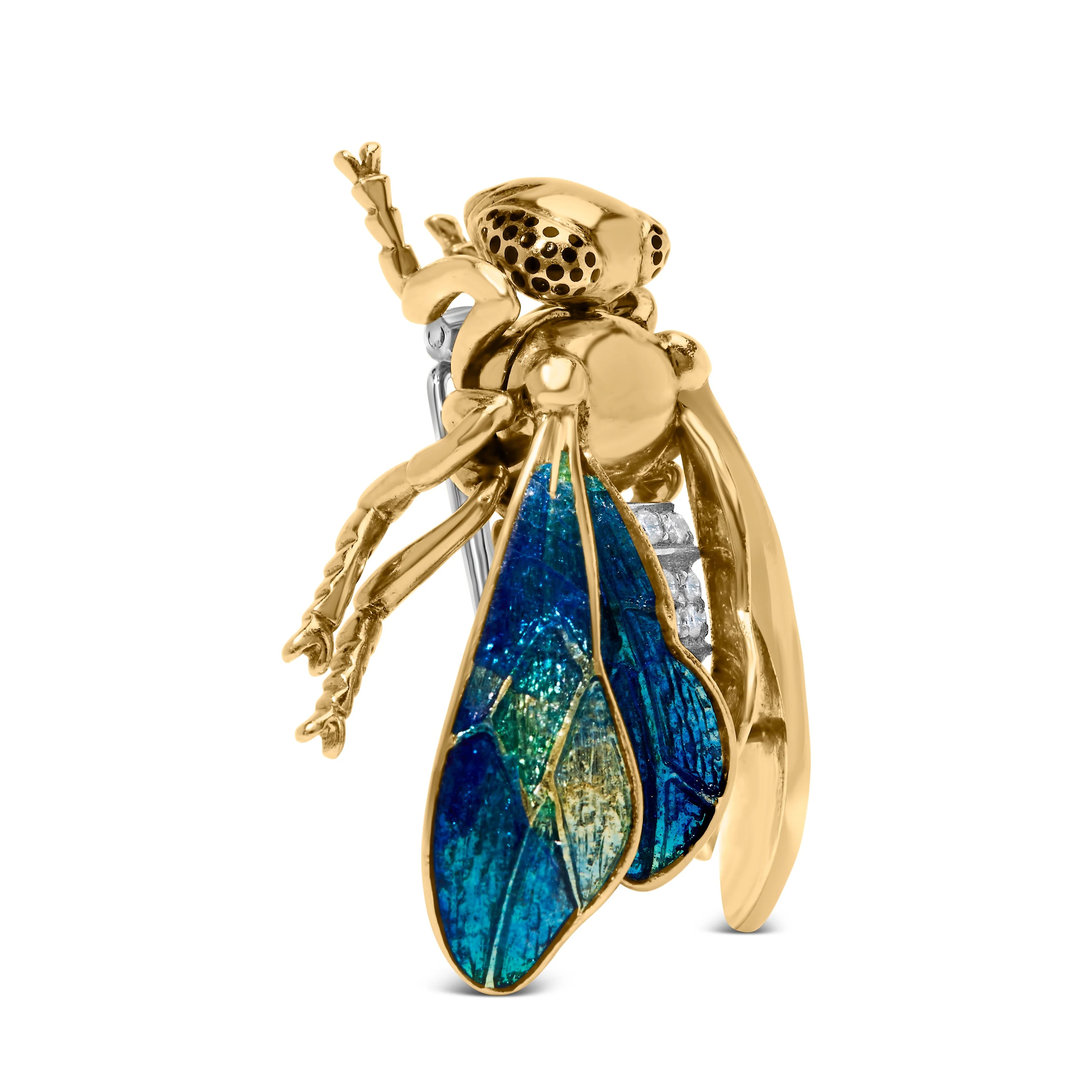 18K Yellow Gold 1/2 Cttw Pave Set Diamond and Blue-Green Enamel Bumblebee Brooch Pin (F-G Color, VS1-VS2 Clarity) - Image 2