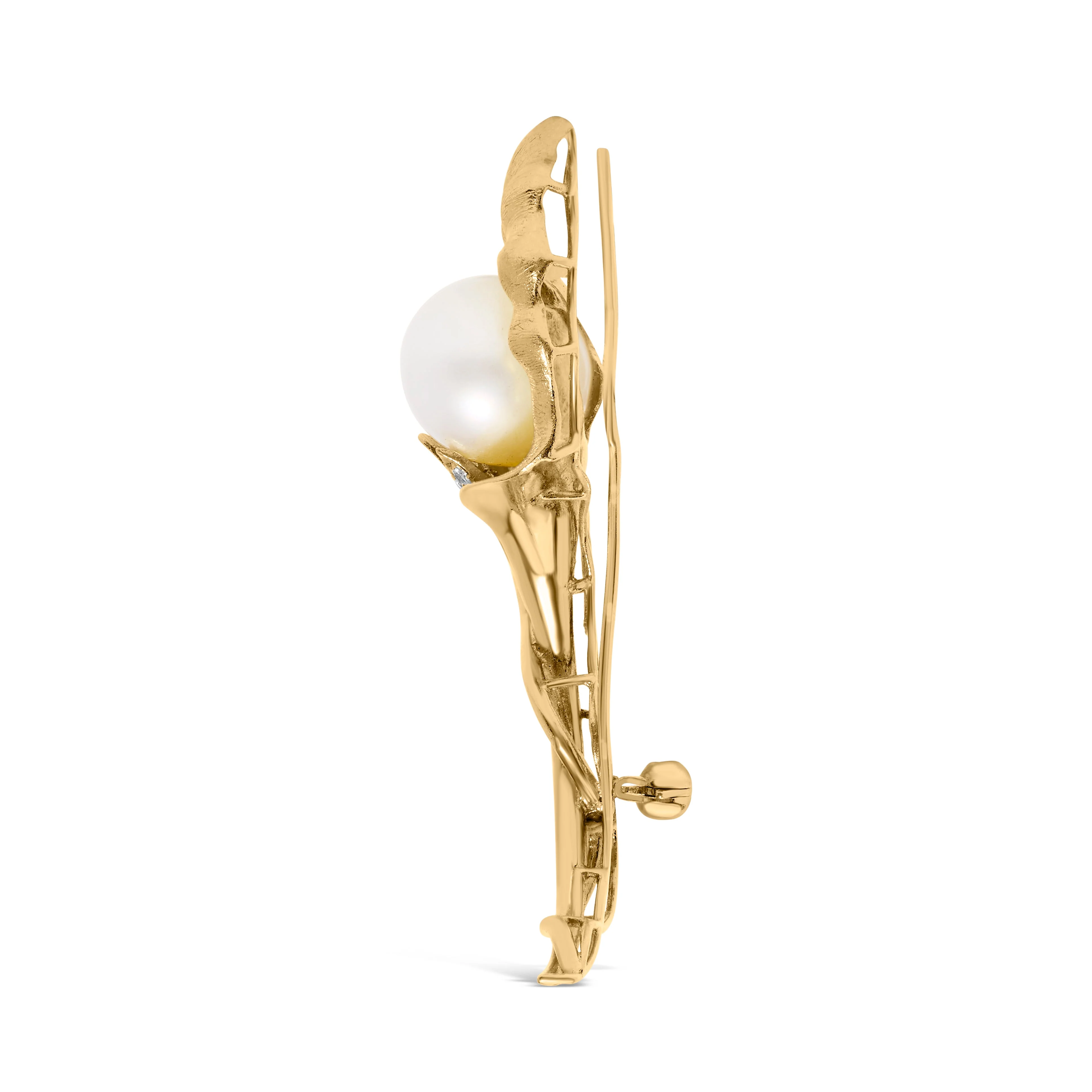 18K Yellow Gold 2/5 Cttw Diamond and 12MM Cultured South Sea Pearl Flower Pin Brooch (G-H Color, VS1-VS2 Clarity) - Image 3