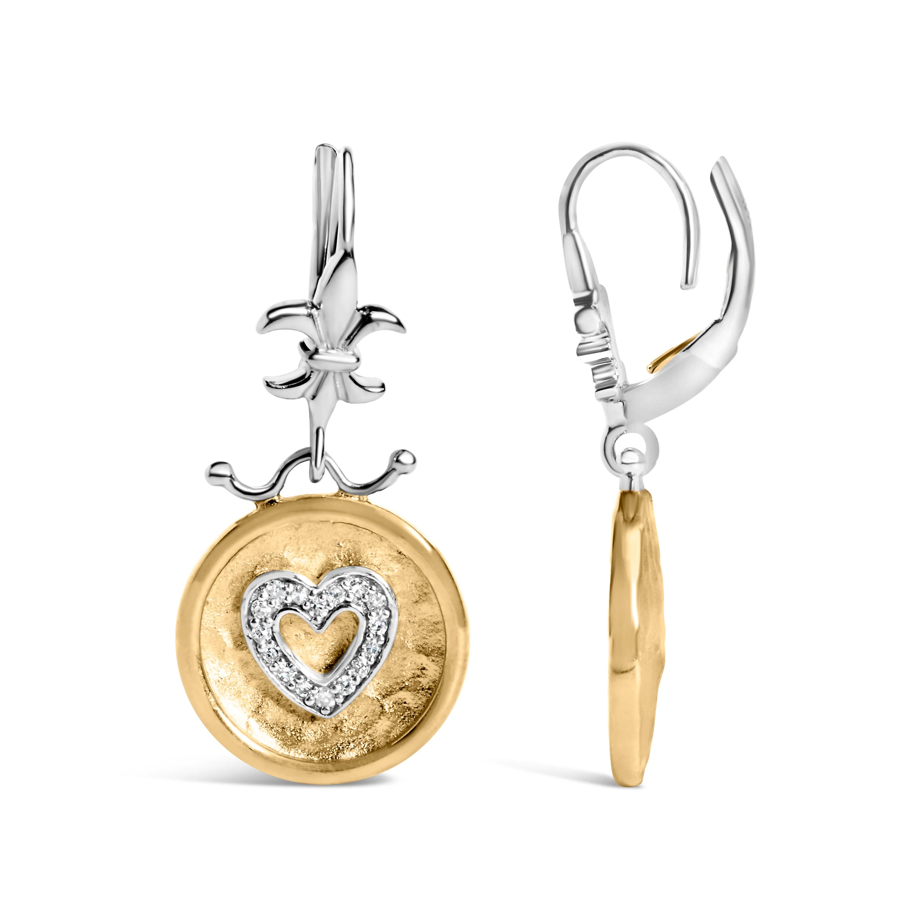 18K Yellow Gold Plated .925 Sterling Silver 1/8 Cttw Diamond Hammered Finished Medallion Heart Drop and Dangle Earrings (I-J Color, SI1-SI2 Clarity) - Image 3