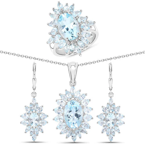 19.18 Carat Genuine Blue Topaz .925 Sterling Silver 3 Piece Jewelry Set (Ring, Earrings, and Pendant w/ Chain) - Image 6