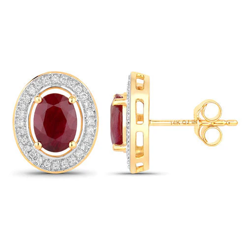 2.12 Carat Genuine Ruby and White Diamond 14K Yellow Gold Earrings - Image 2
