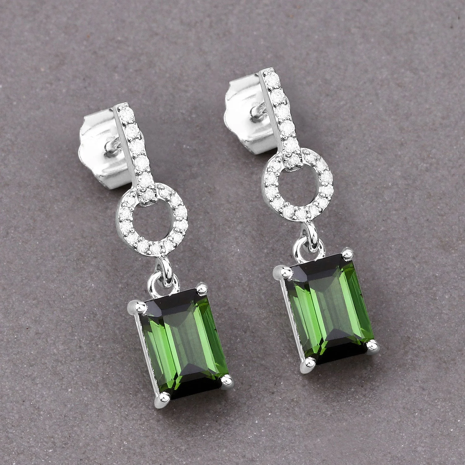 2.28 Carat Genuine Green Tourmaline and White Diamond 14K White Gold Earrings - Image 2