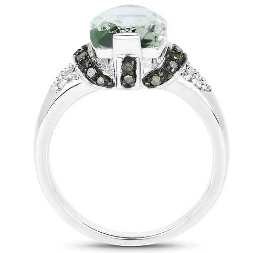 2.92 Carat Genuine Green Amethyst, Green Diamond & White Diamond .925 Sterling Silver Ring - Image 2