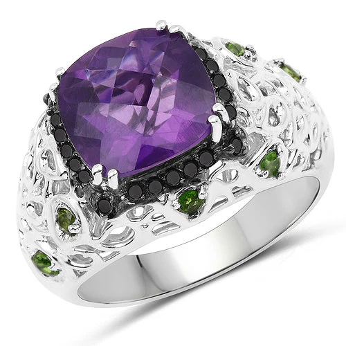 3.27 Carat Genuine Amethyst, Chrome Diopside & Black Diamond .925 Sterling Silver Ring - Image 4