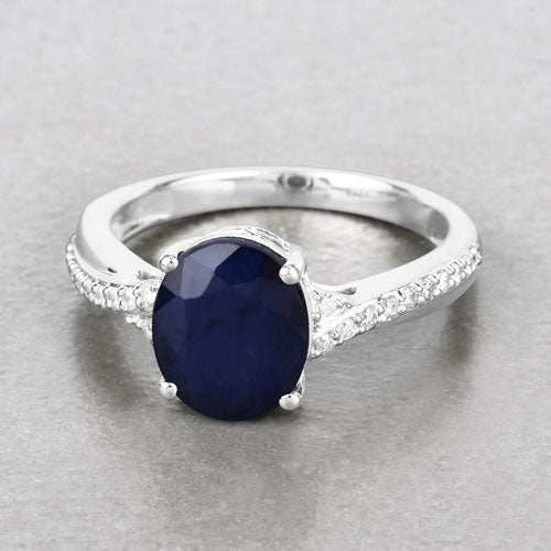 3.28 Carat Genuine Blue Sapphire and White Diamond 14K White Gold Ring - Image 4