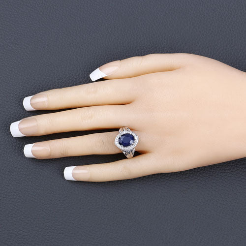 3.31 Carat Genuine Blue Sapphire and White Diamond 14K White Gold Ring - Image 5