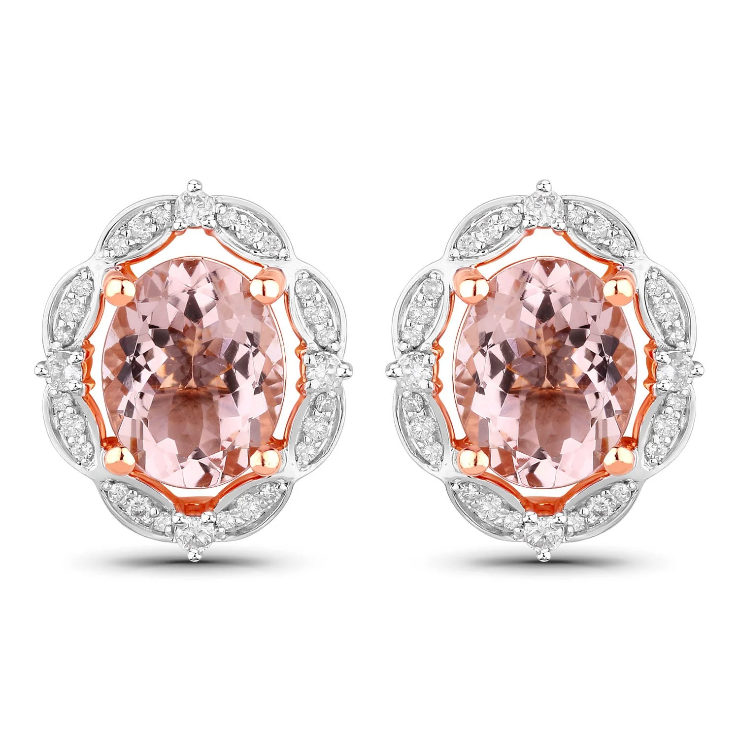 3.52 Carat Genuine Morganite and White Diamond 14K Rose Gold Earrings