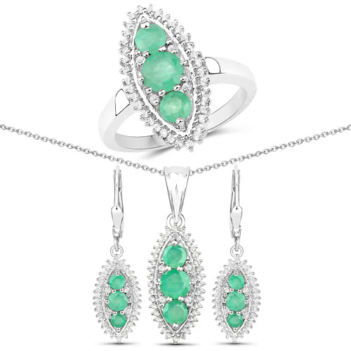3.52 Carat Genuine Zambian Emerald and White Topaz .925 Sterling Silver 3 Piece Jewelry Set (Ring, Earrings, and Pendant w/ Chain) - Image 6