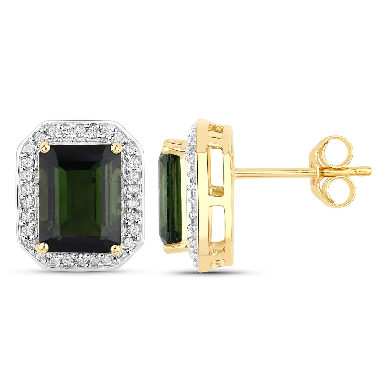 3.57 Carat Genuine Green Tourmaline and White Diamond 14K Yellow Gold Earrings - Image 2