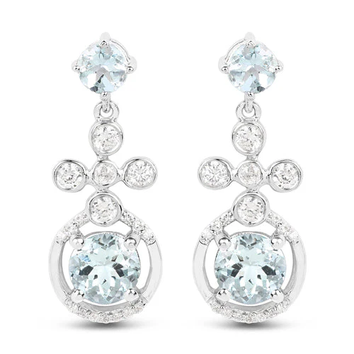 4.42 Carat Genuine Aquamarine and White Zircon .925 Sterling Silver Earrings - Image 4
