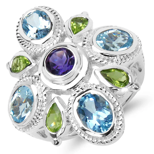 5.13 Carat Genuine Amethyst , Blue Topaz & Peridot .925 Sterling Silver Ring - Image 4