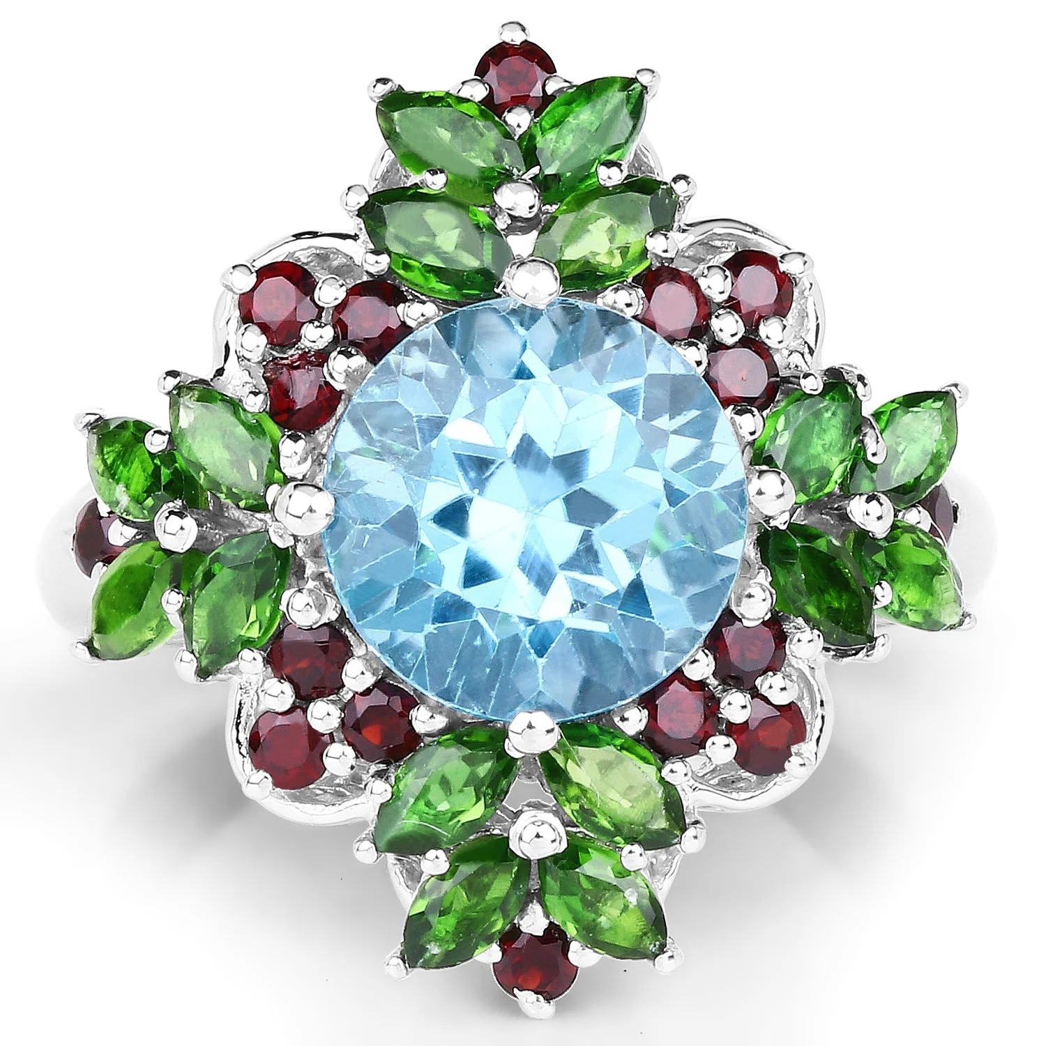 5.76 Carat Genuine Blue Topaz, Chrome Diopside & Garnet .925 Sterling Silver Ring - Image 3