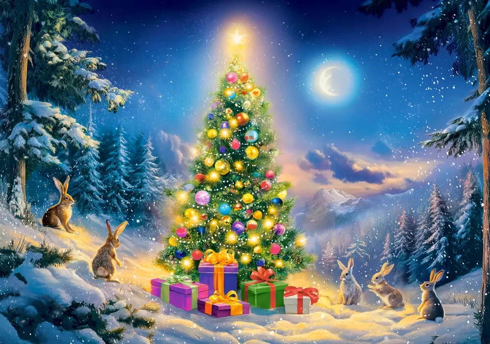 500 Piece Jigsaw Puzzle, Christmas Eve, Glowing Christmas Tree & Bunnies in Snow, Cozy Holiday Vibes, Adult Puzzle, Castorland B-54244 - Image 2