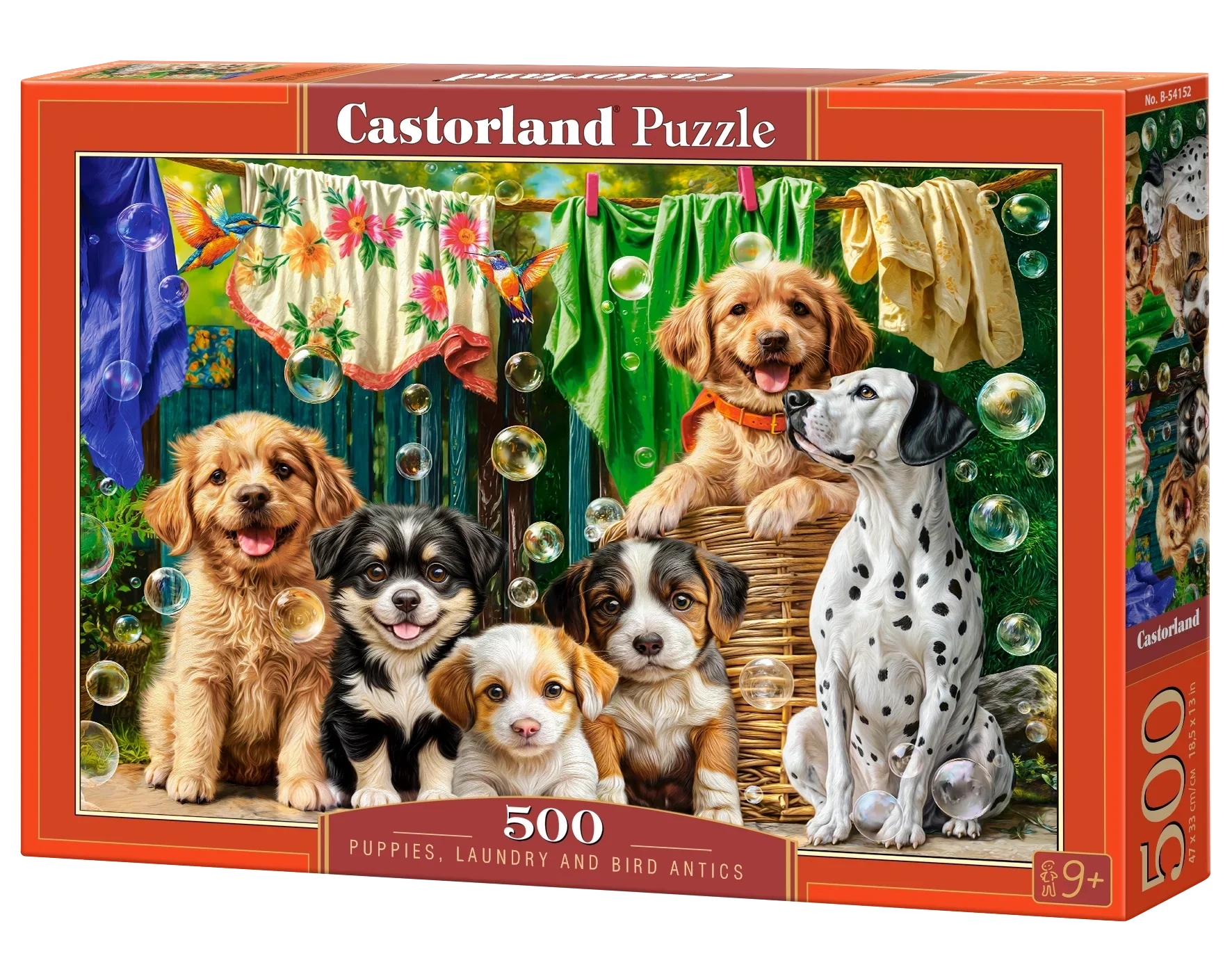 500 Piece Jigsaw Puzzle, Puppies, Laundry and Bird Antics, Puppies, Dogs, Golden Retriever, Dalmatian, Bubbles, Animal jigsaw, Adult Puzzle, Castorland B-54152