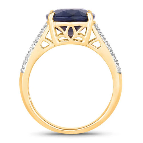 6.49 Carat Genuine Blue Sapphire and White Diamond 14K Yellow Gold Ring - Image 2