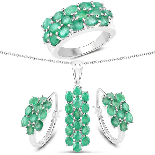 7.80 Carat Genuine Zambian Emerald .925 Sterling Silver 3 Piece Jewelry Set (Ring, Earrings, and Pendant w/ Chain) - Image 5