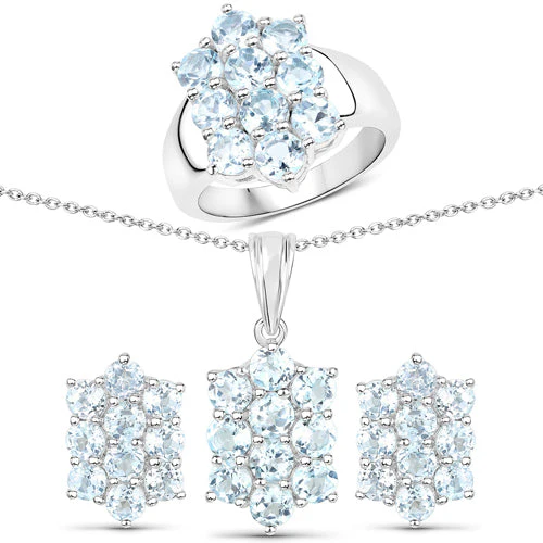 8.80 Carat Genuine Blue Topaz .925 Sterling Silver 3 Piece Jewelry Set (Ring, Earrings, and Pendant w/ Chain) - Image 5