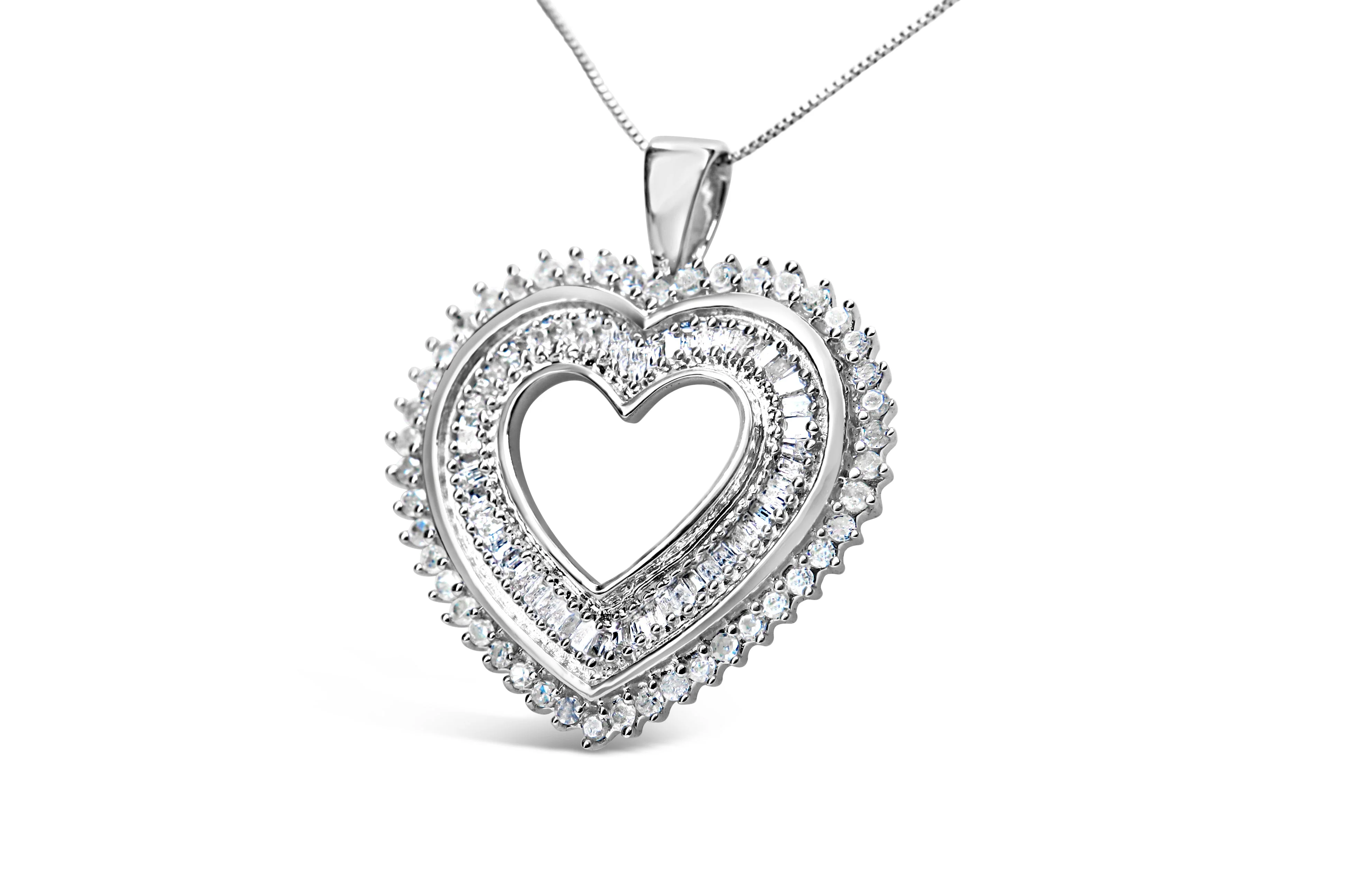 .925 Sterling Silver 1.0 Cttw Baguette and Round Diamond  Heart Pendant 18" Necklace (H-I Color, I3 Clarity) - Image 8