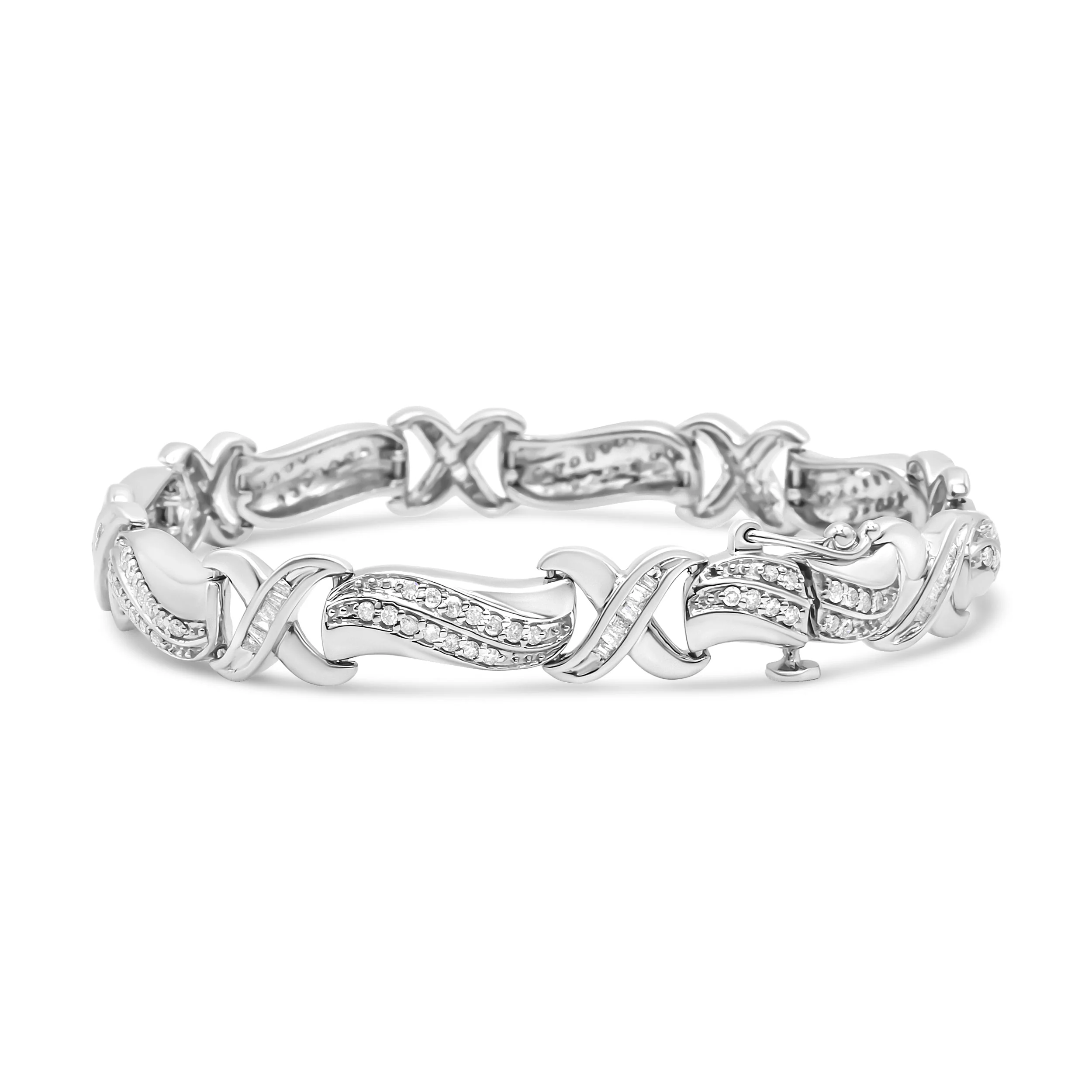.925 Sterling Silver 1 3/4 Cttw Diamond Wave and X Link Tennis Bracelet (I-J Color, I3 Clarity) - 7" - Image 2