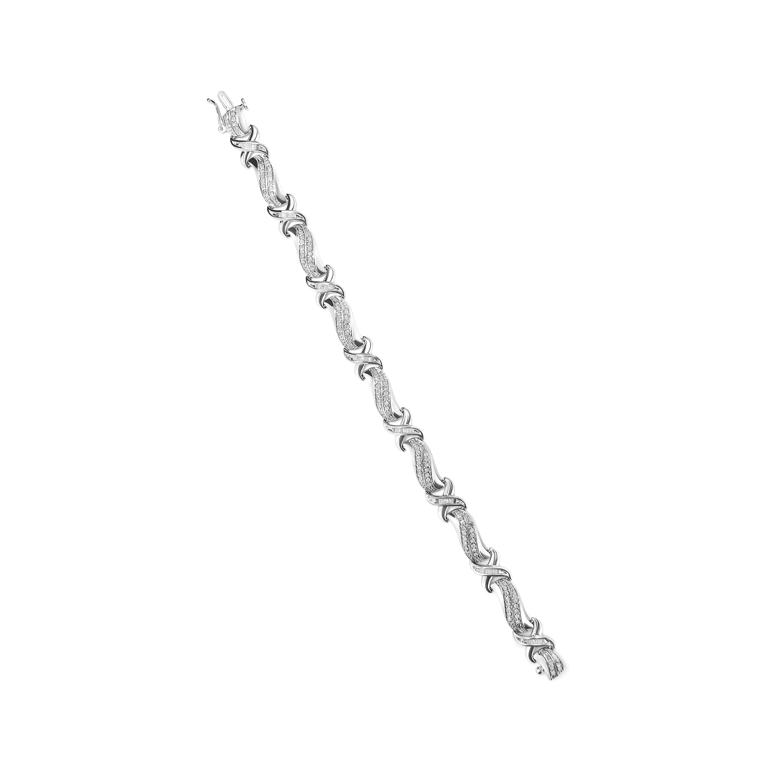 .925 Sterling Silver 1 3/4 Cttw Diamond Wave and X Link Tennis Bracelet (I-J Color, I3 Clarity) - 7" - Image 4