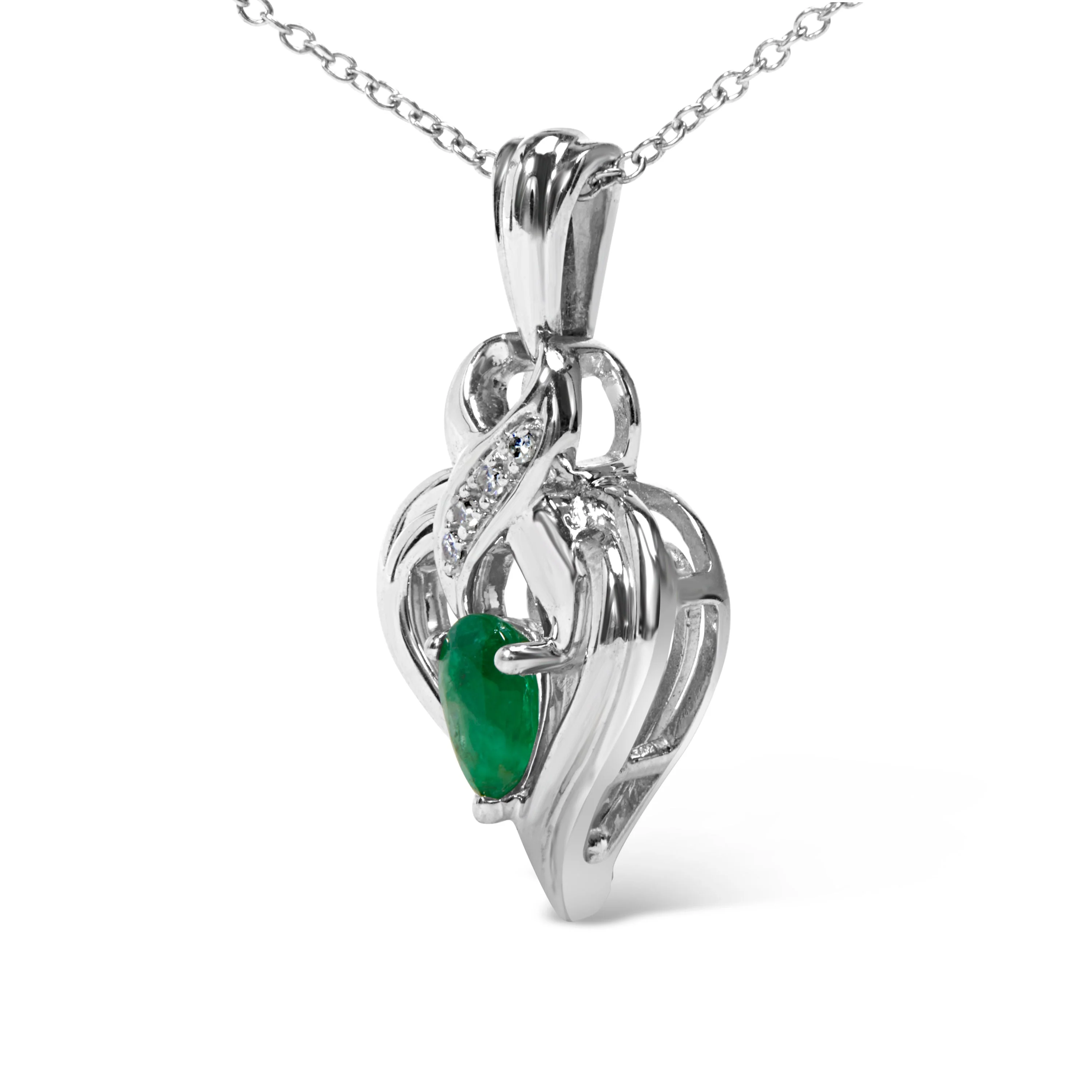 .925 Sterling Silver 6x4mm Pear Emerald and Diamond Accent Heart Pendant Necklace (H-I Color, SI1-SI2 Clarity) - 18 Inches - Image 3
